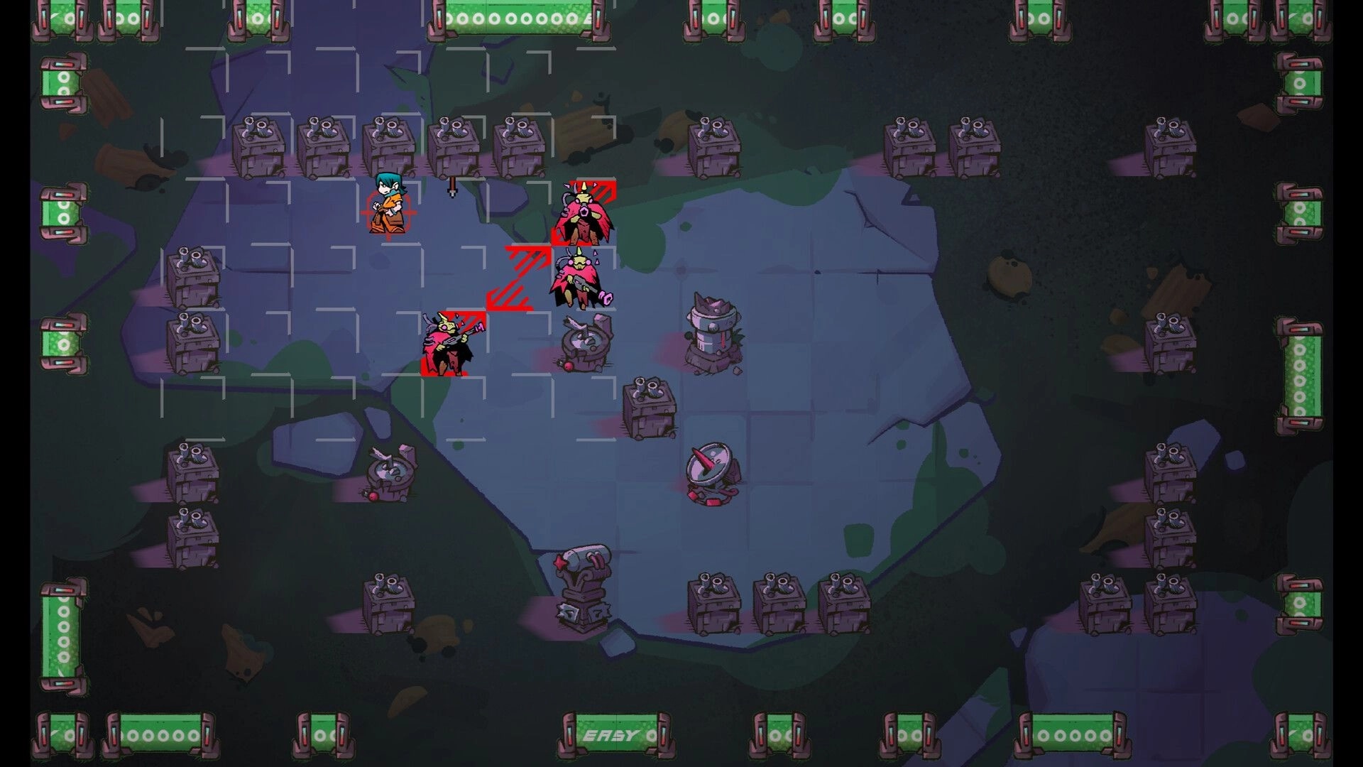 Dash Dash Dead: Player character targets enemies on a grid map with obstacles in a dark arena setting.