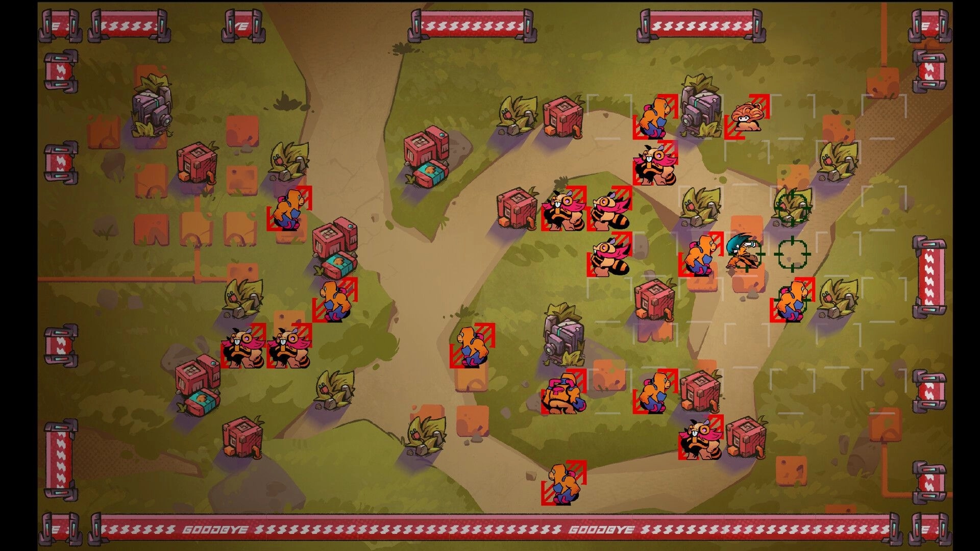 Dash Dash Dead: Overhead battle map with characters, obstacles, and highlighted enemy targets in grassy terrain.