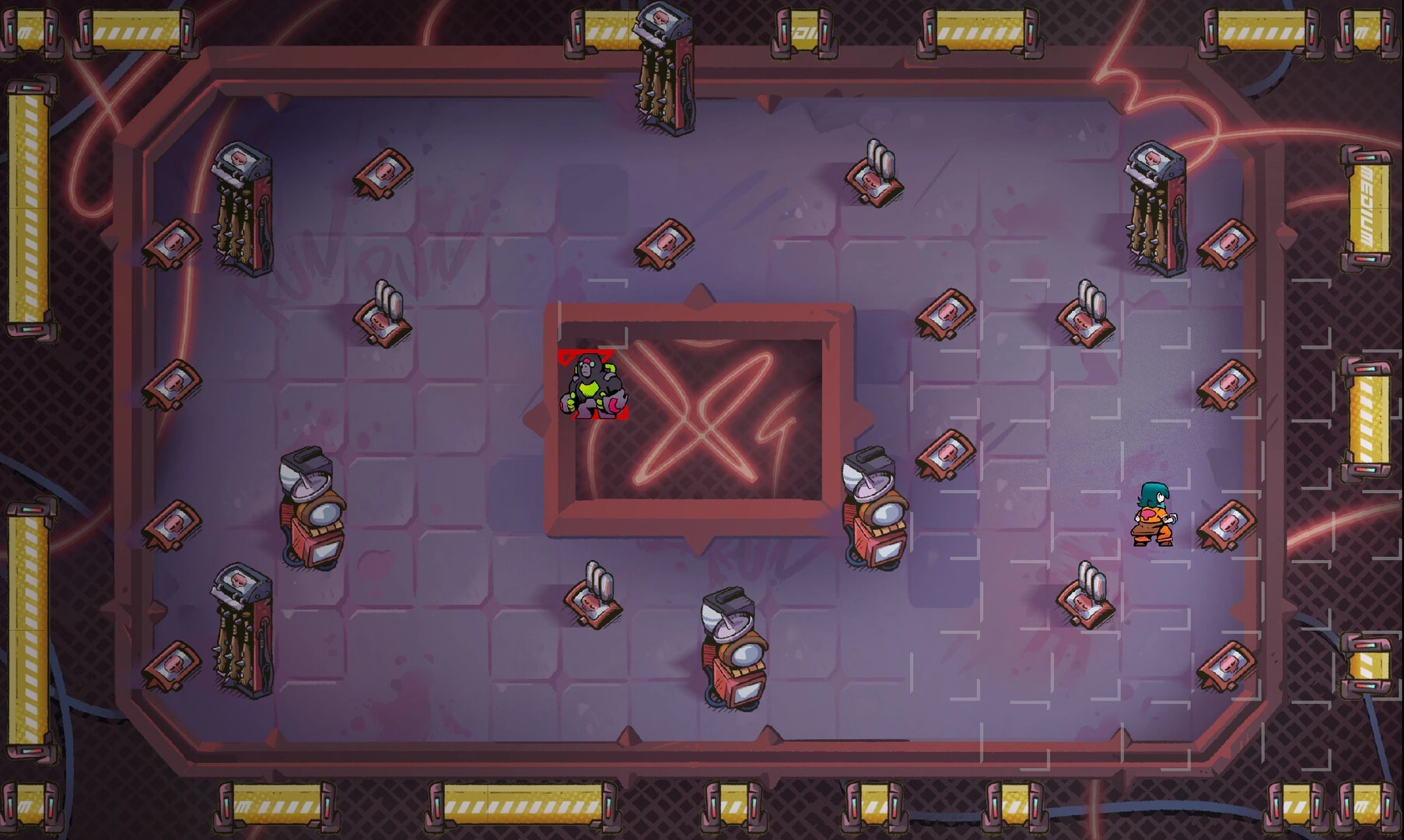 Dash Dash Dead: Inmate navigating a trap-filled room with neon symbols and robotic guards