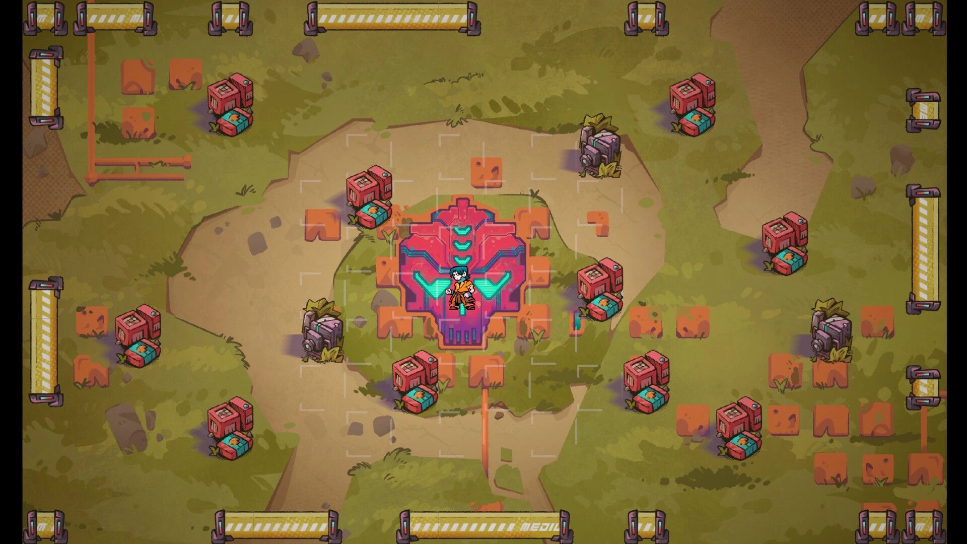 Dash Dash Dead: Inmate stands on neon skull platform surrounded by crates in a grassy arena setting.