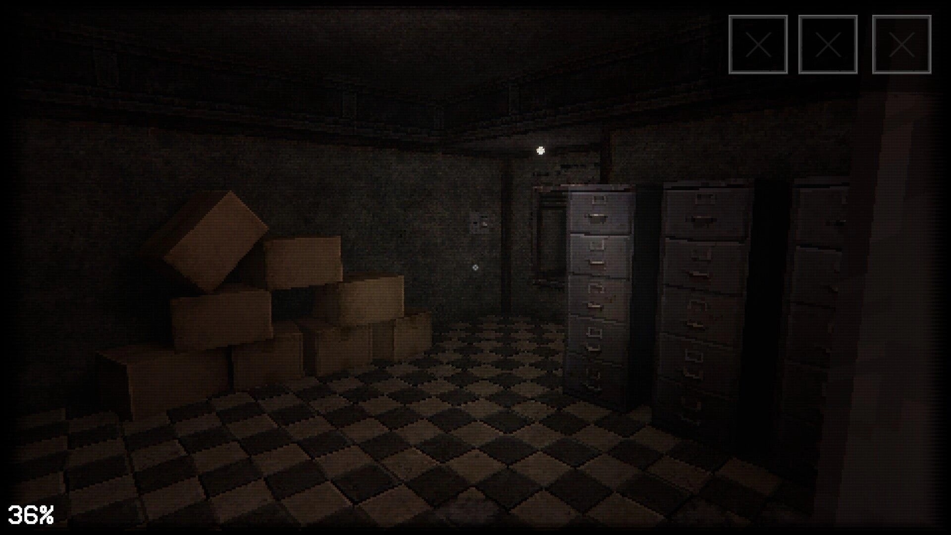 Dash Dot Die: Dark room with stacked boxes, filing cabinets, and a checkered floor, UI showing three icons.