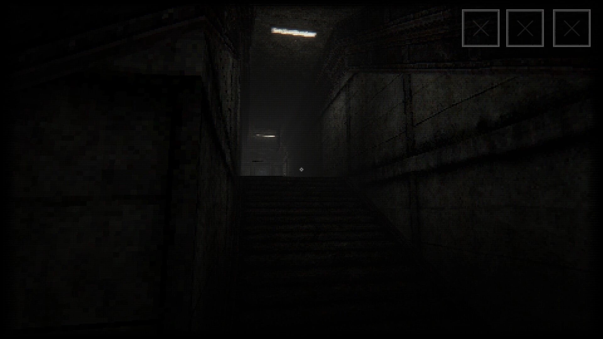 Dash Dot Die: Dark staircase in a dimly lit hallway with three UI boxes in the top-right corner