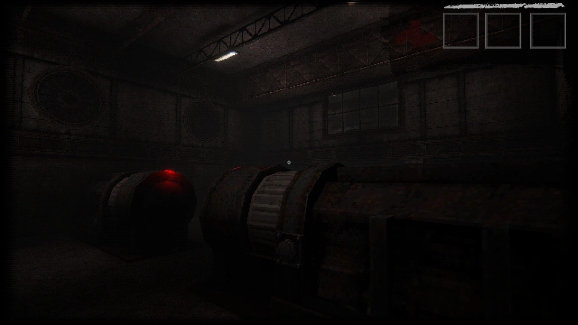 Dash Dot Die: Dark industrial room with red-lit machinery and a window, inventory boxes in upper corner