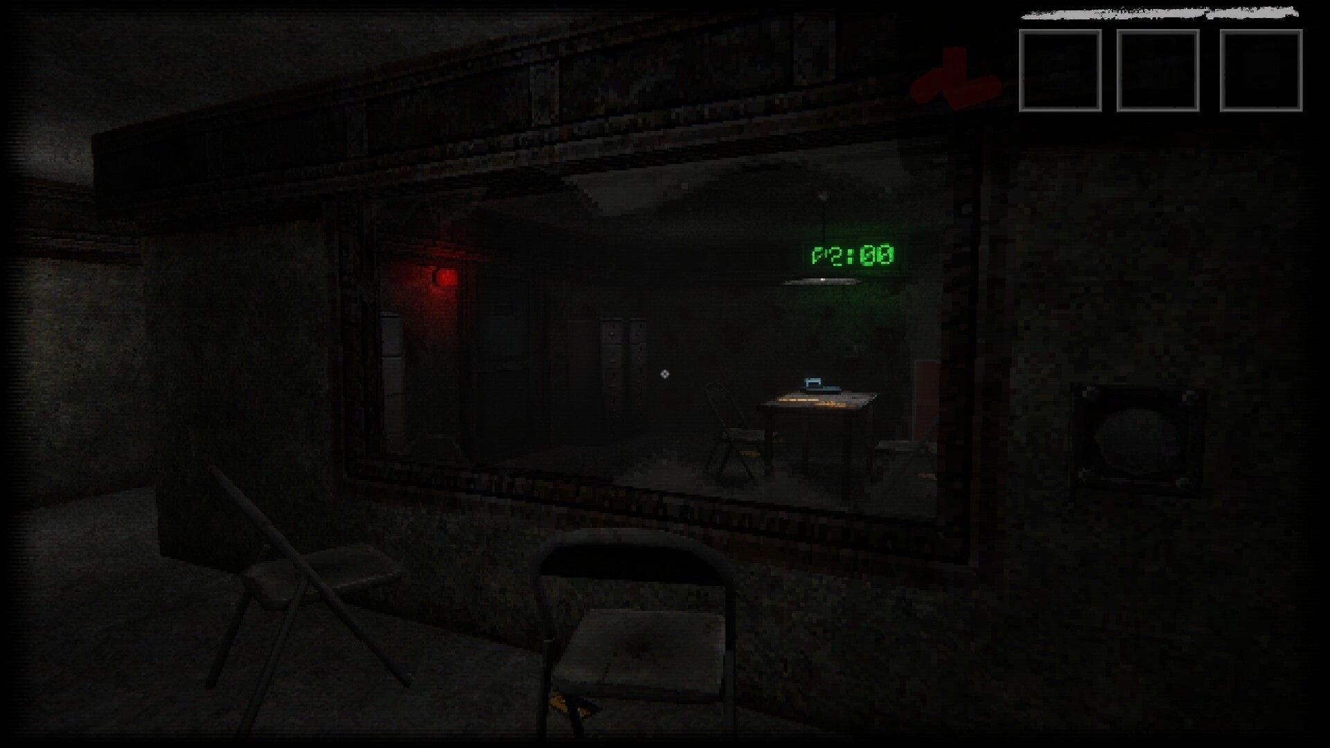 Dash Dot Die: Dimly lit room with a table, chairs, red light, and digital clock in abandoned building