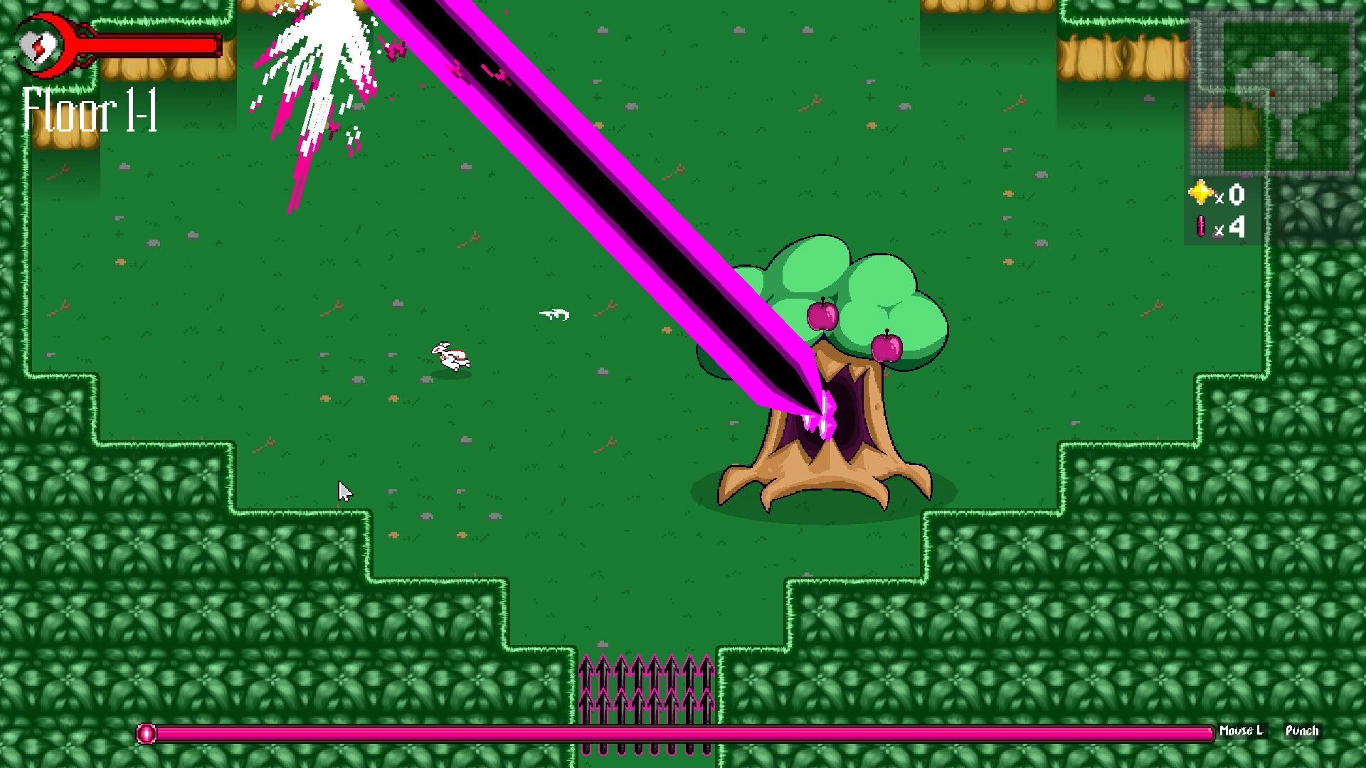DASHPUNCH: Player attacks tree with pink laser in dungeon level 1-1; health bar and map visible