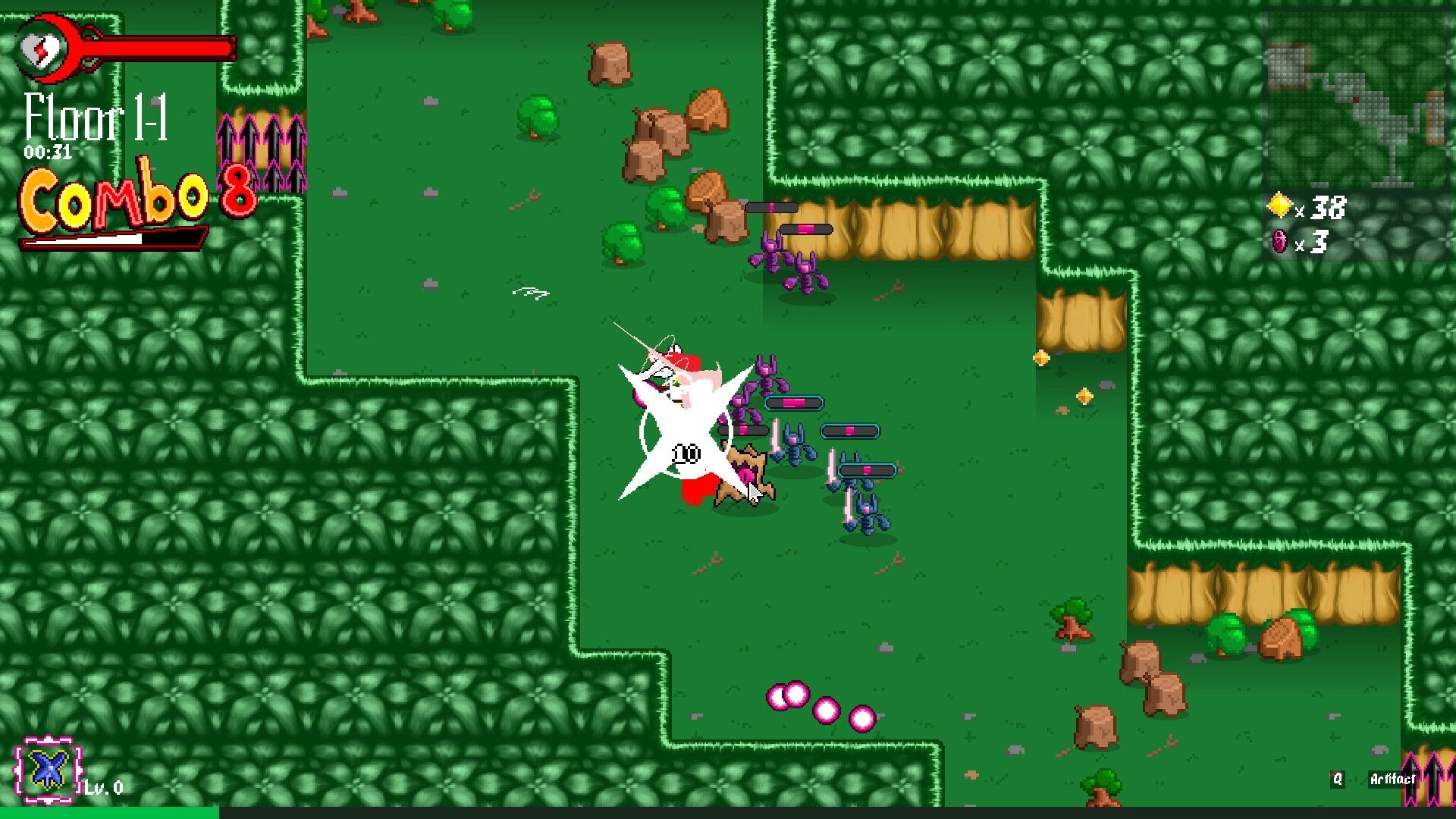 DASHPUNCH: Player engages enemies with a combo of 8 in a lush forest dungeon, UI shows health and map.