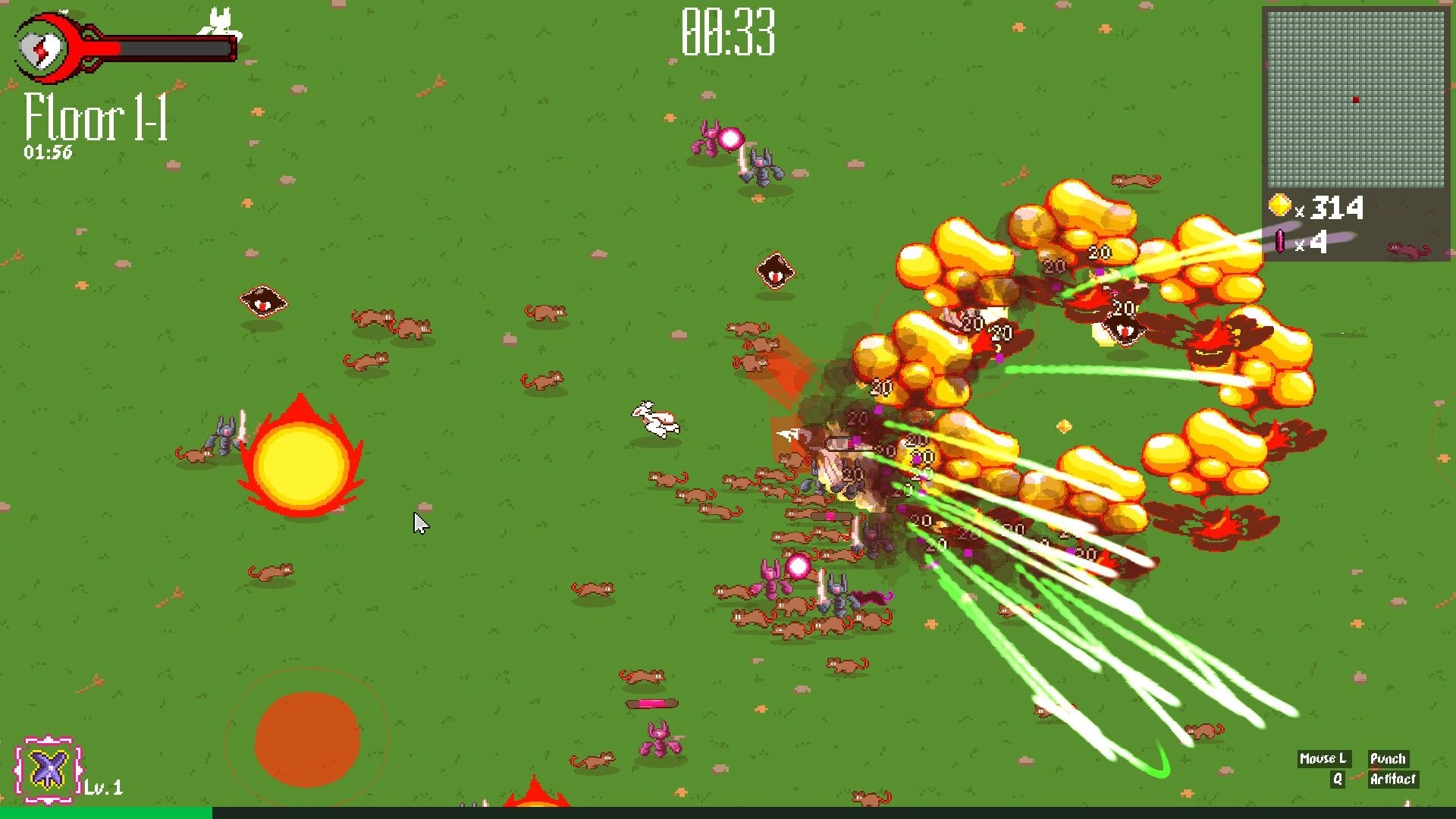 DASHPUNCH: Player character battles enemies with explosive attacks in a grassy dungeon floor setting.