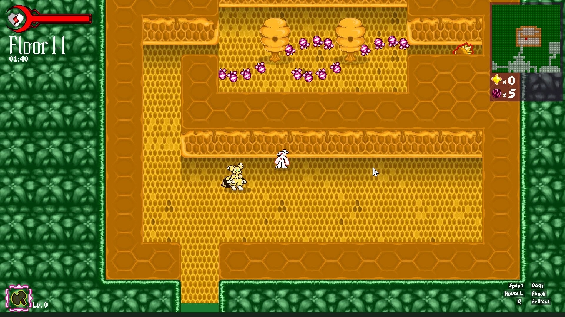 DASHPUNCH: Character facing enemy in honeycomb dungeon with health bar and map on screen