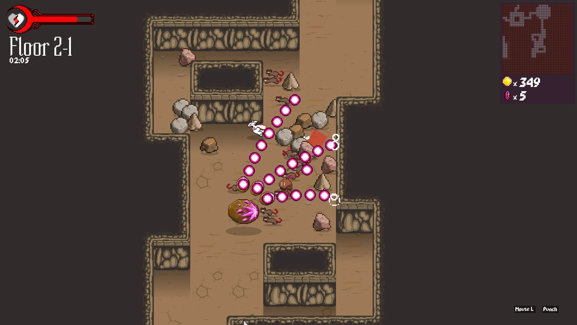 DASHPUNCH: Player dodges enemy projectiles in rocky dungeon corridor on Floor 2-1, UI displays stats.