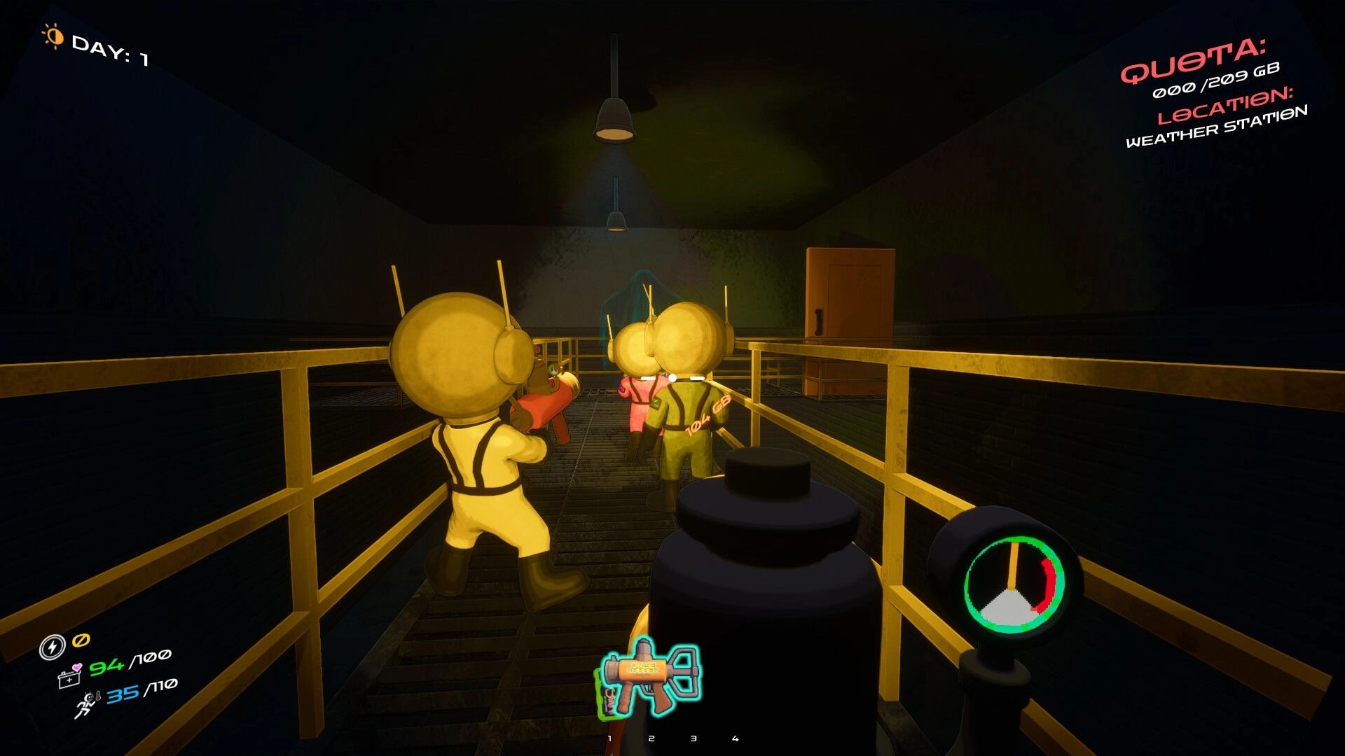 DATA BREACH: Co-op squad aiming weapons down a catwalk, quota and location UI in weather station corridor.