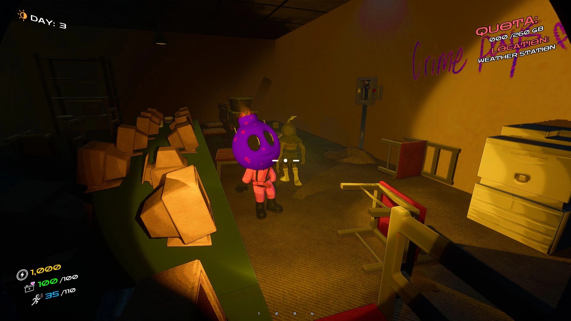 DATA BREACH: Player with purple bomb head faces a mannequin in cluttered weather station room UI visible.