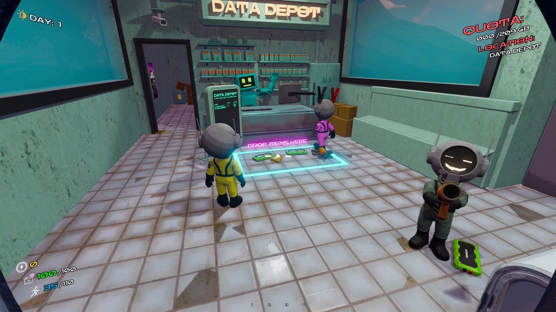 DATA BREACH: Players drop loot on glowing pad near Data Depot terminal inside tiled facility room.