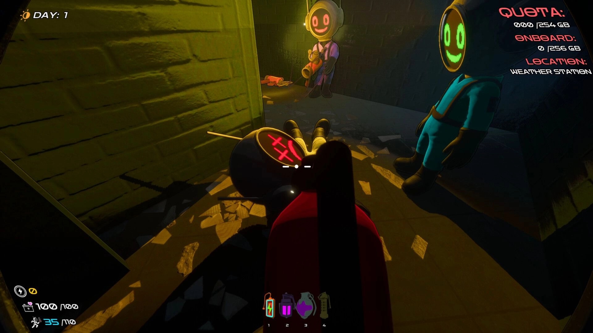 DATA BREACH: Downed player view facing two helmeted teammates in a dim weather station corridor HUD info.