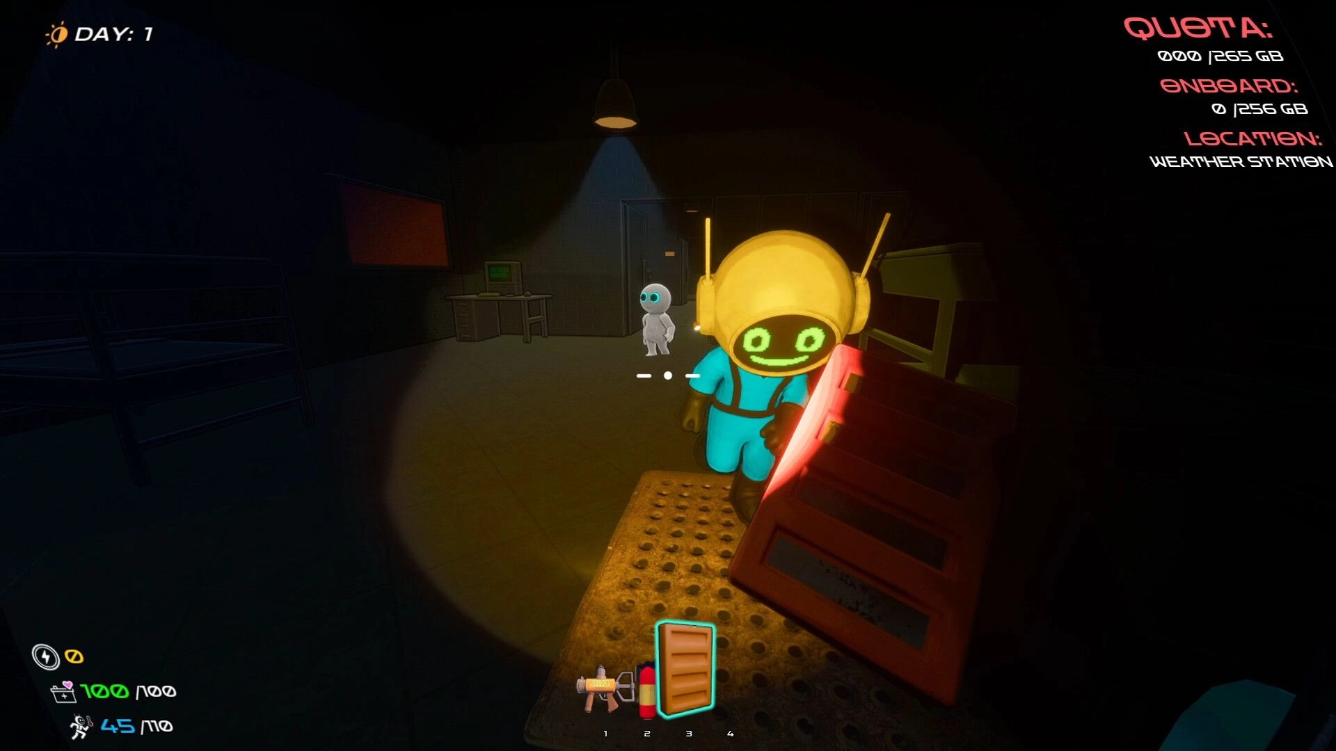 DATA BREACH: Player with flashlight and red crowbar faces small robot in dark weather station room.
