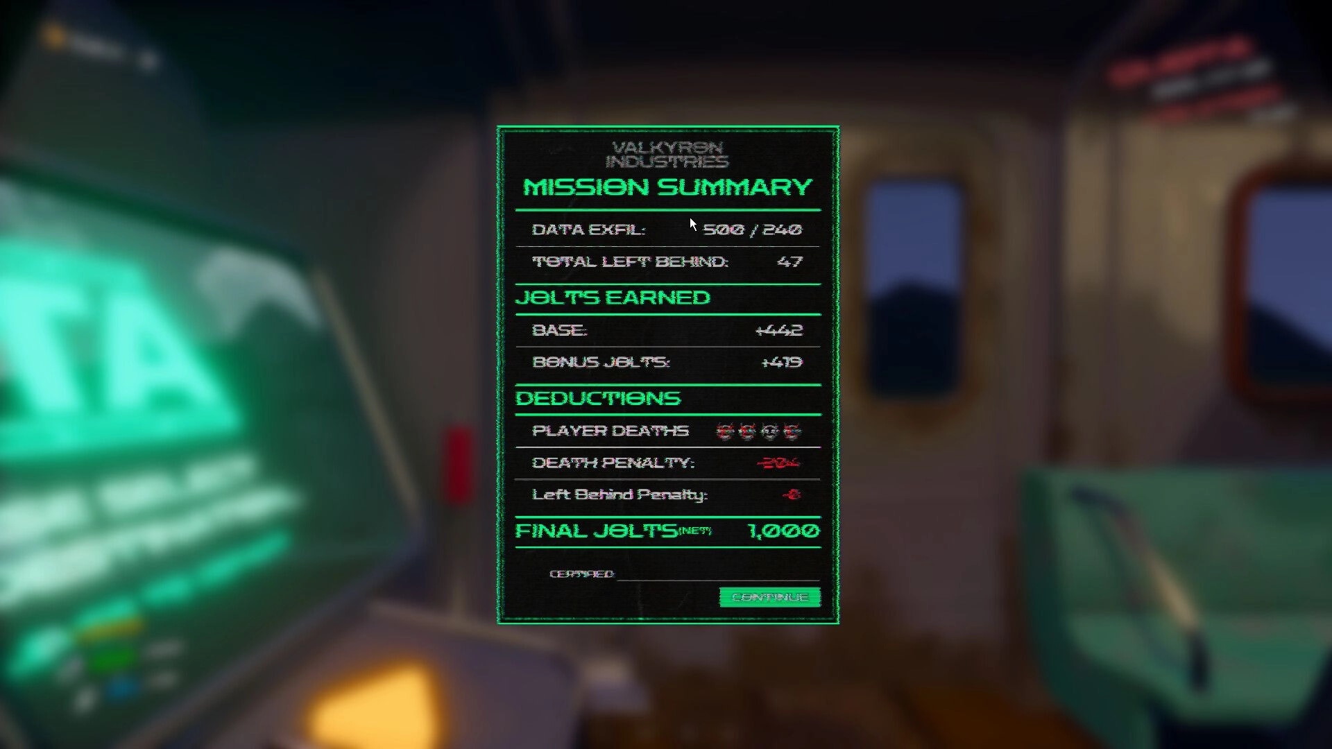 DATA BREACH: Mission summary UI with data exfil and jolts earned totals inside a train cabin interior.
