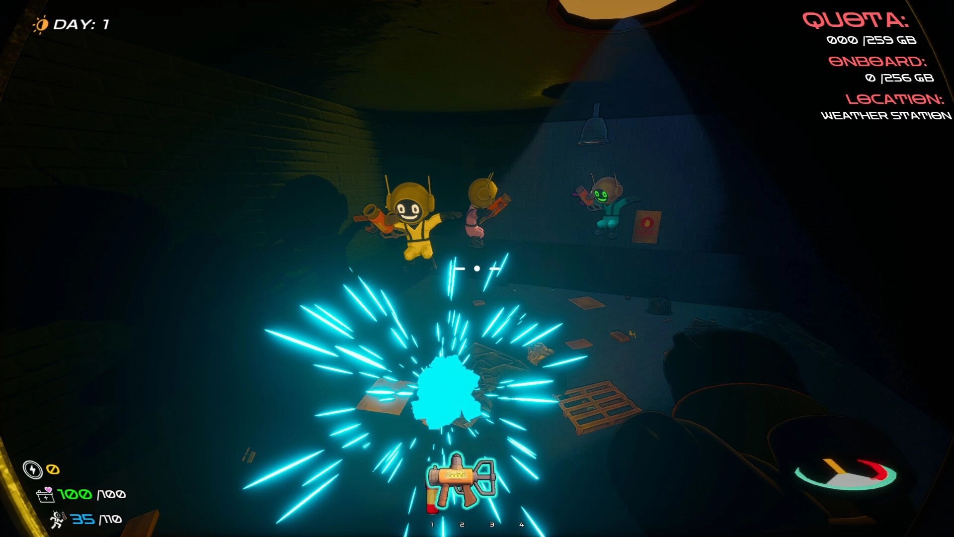 DATA BREACH: Co-op squad firing at a blue energy blast in a dim weather station room with HUD stats.