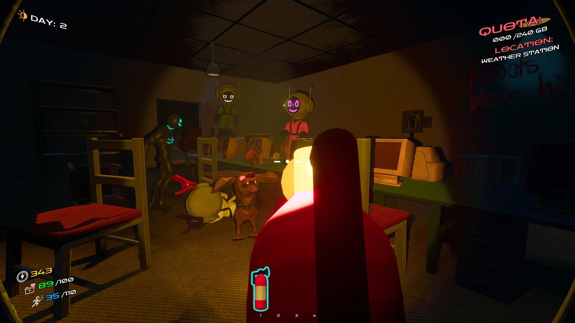 DATA BREACH: First-person view facing masked crew in cluttered office with quota and health UI visible.