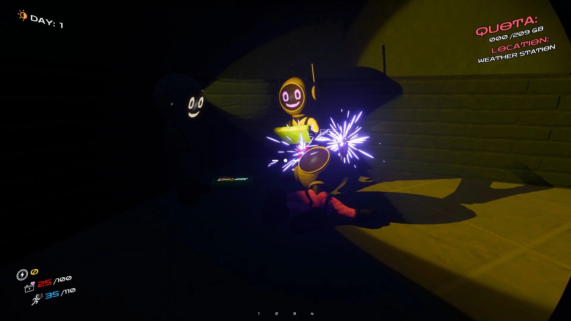 DATA BREACH: Player uses a sparking cutter on a robot in a dark tunnel at the weather station UI HUD.