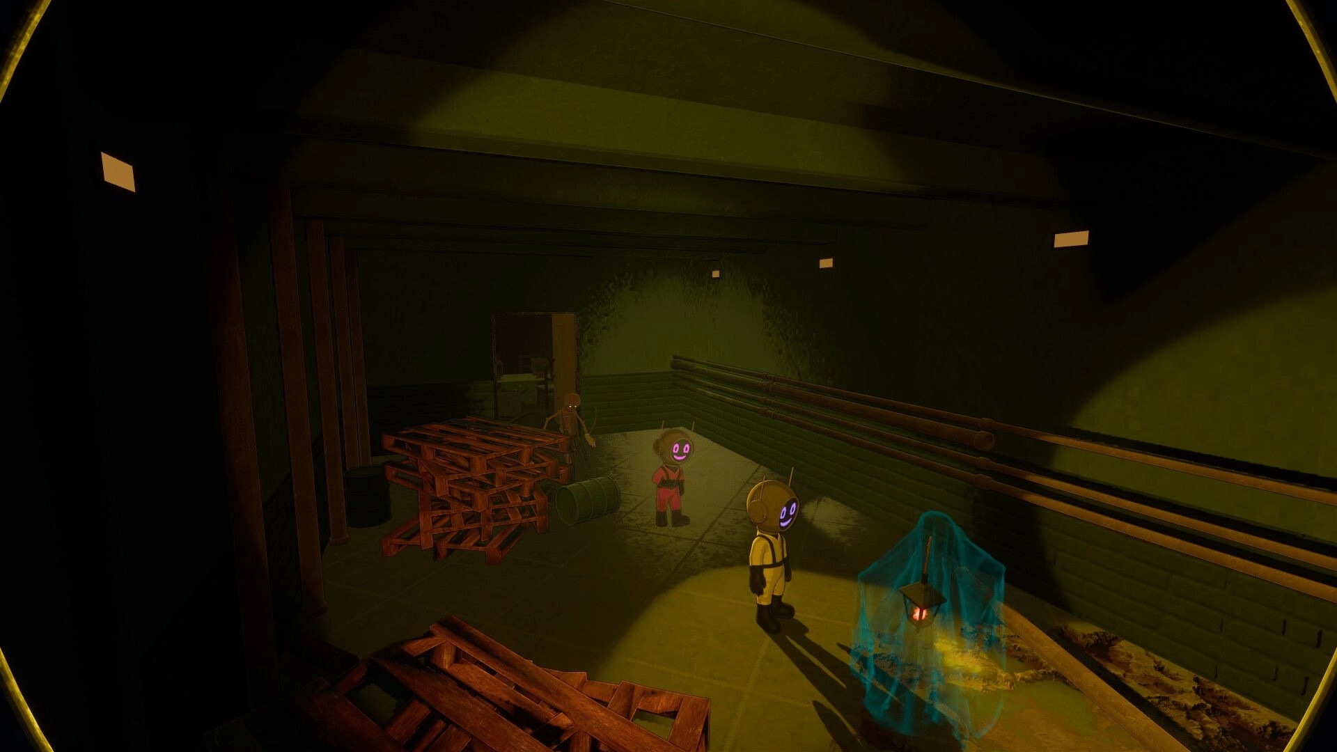 DATA BREACH: Two suited characters with glowing faces explore a dim tunnel with crates and pipes.