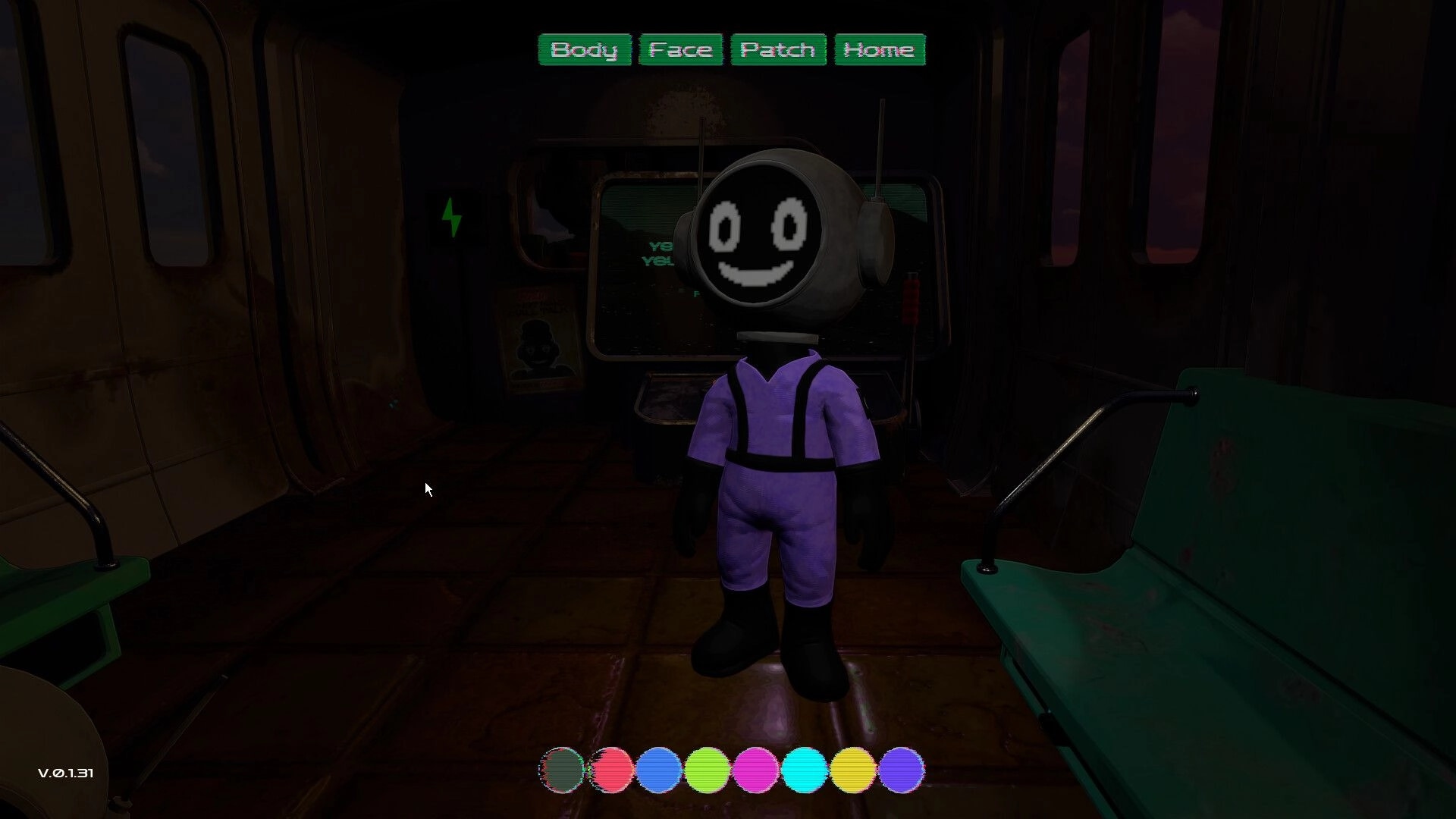 DATA BREACH: Character customization with smiling robot-headed avatar in dim subway car interior.