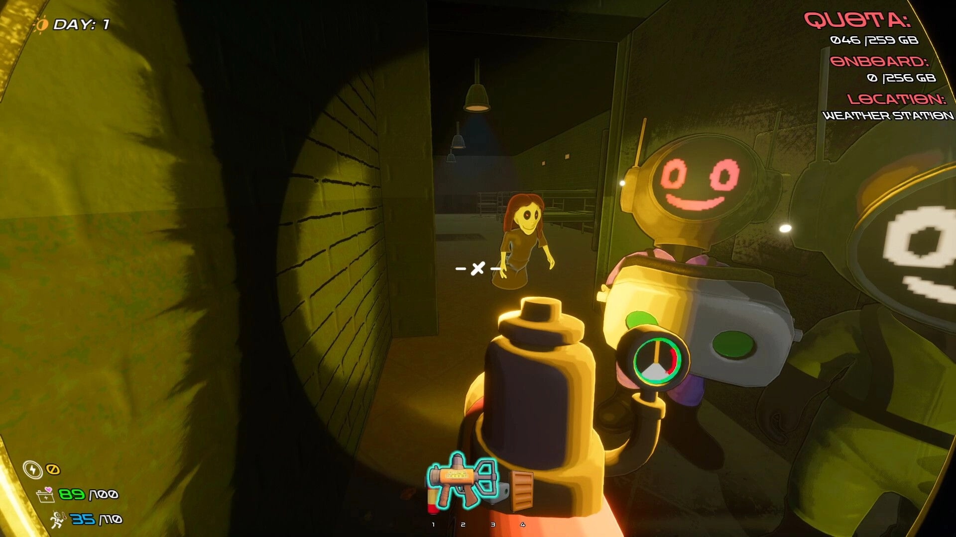 DATA BREACH: First-person view aiming tool at smiling robot ally in dim weather station corridor UI stats visible.