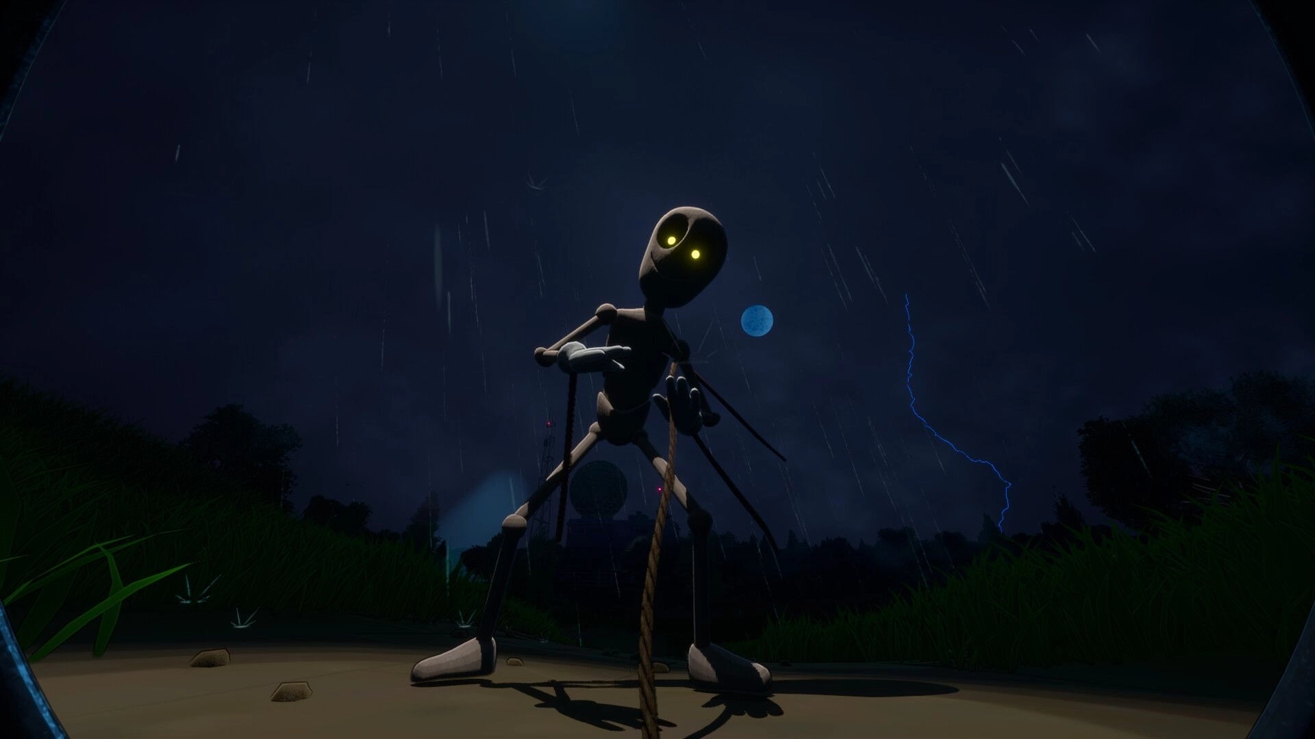 DATA BREACH: Robot with glowing eyes grips a rope in rainstorm under lightning and dark sky.