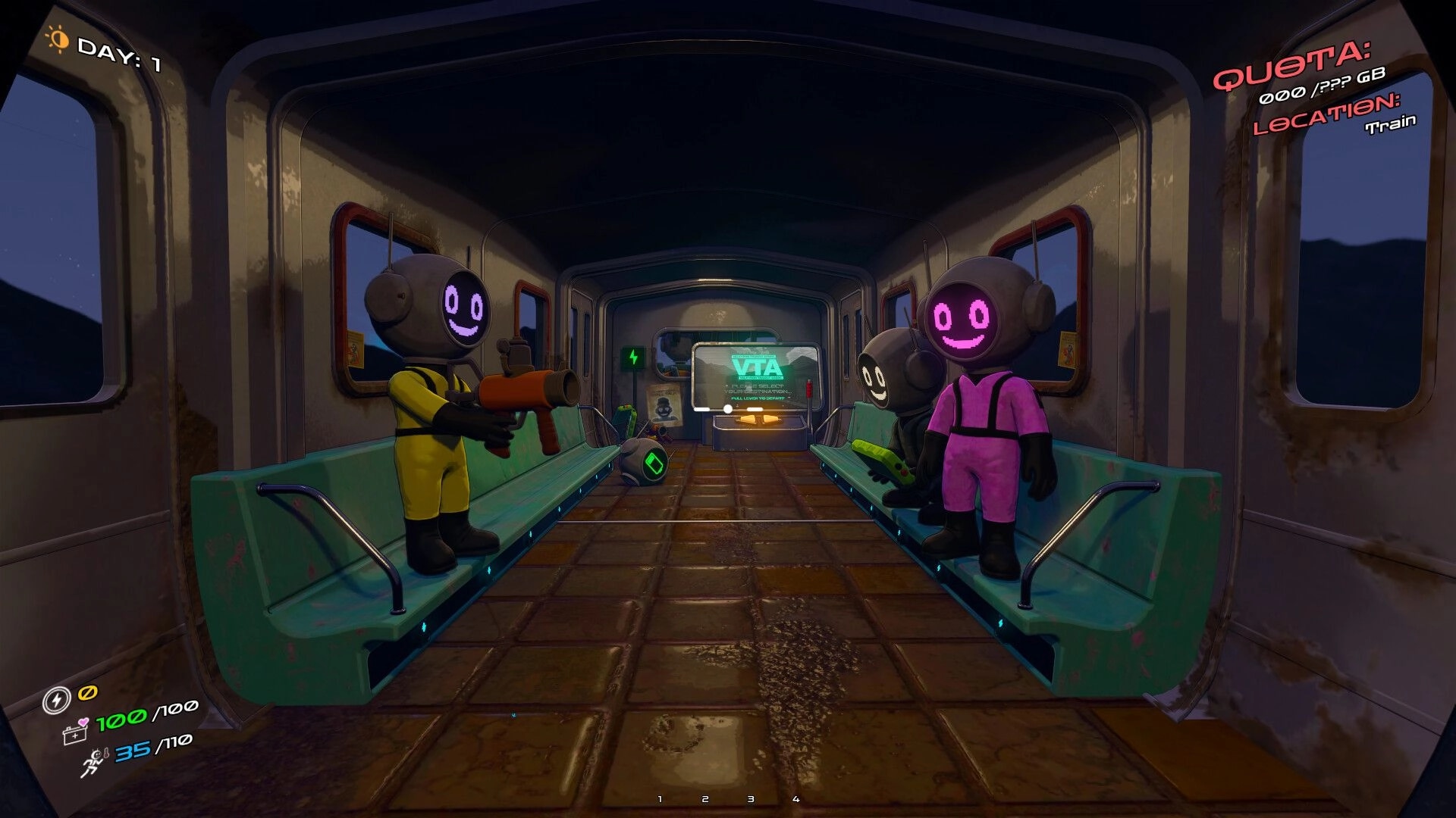 DATA BREACH: Three suited robots idle with guns in a train car, Day 1 HUD and quota UI visible.