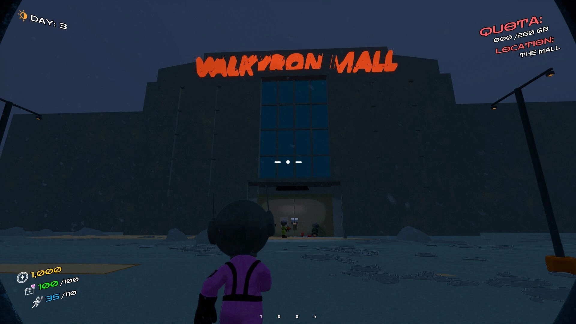 DATA BREACH: Player aims at Valkyron Mall entrance with quota HUD and Day 3 UI in snowy night lot.