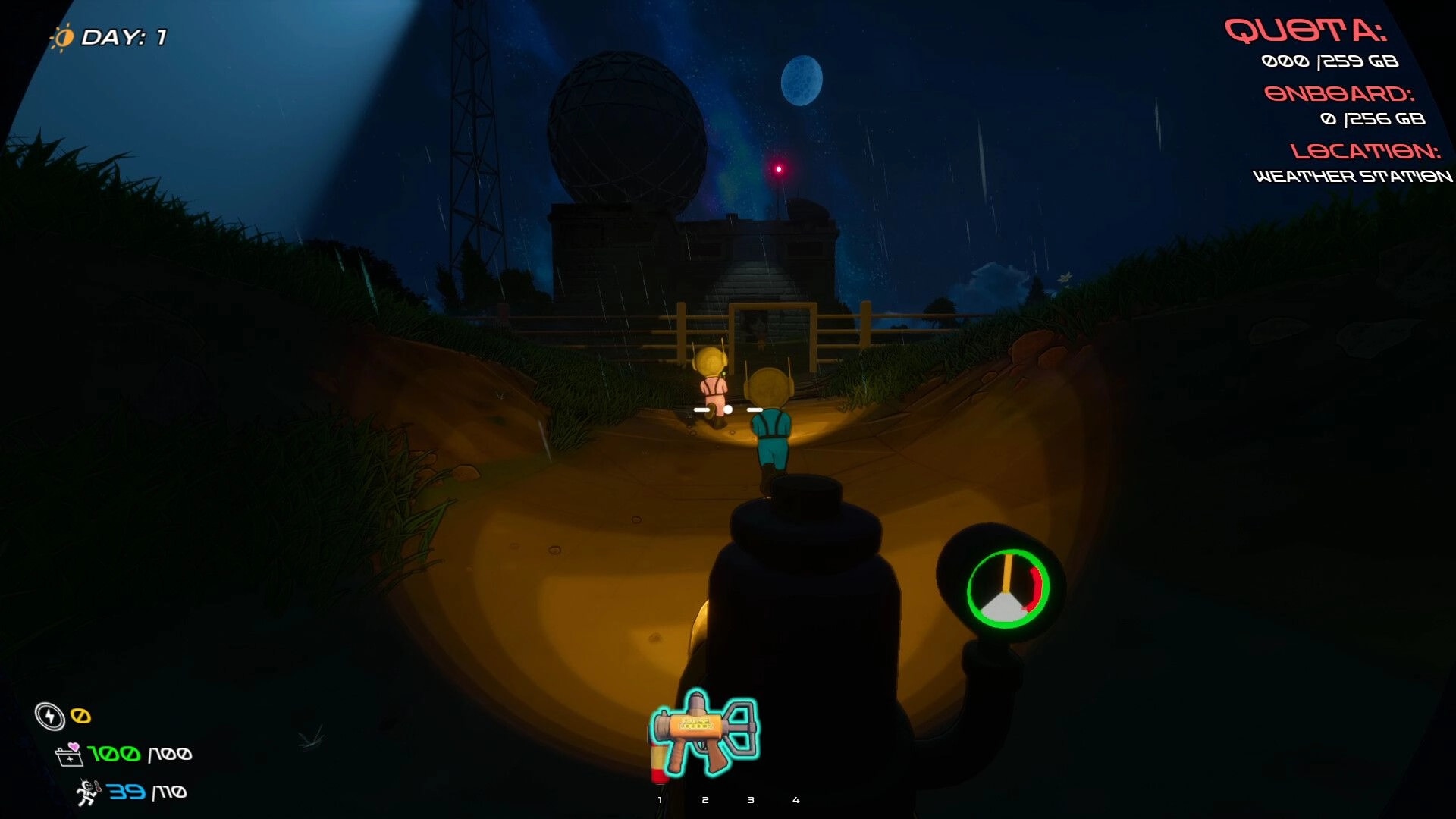 DATA BREACH: Two co-op players approach a fenced radar dome at night in rain, quota UI visible.