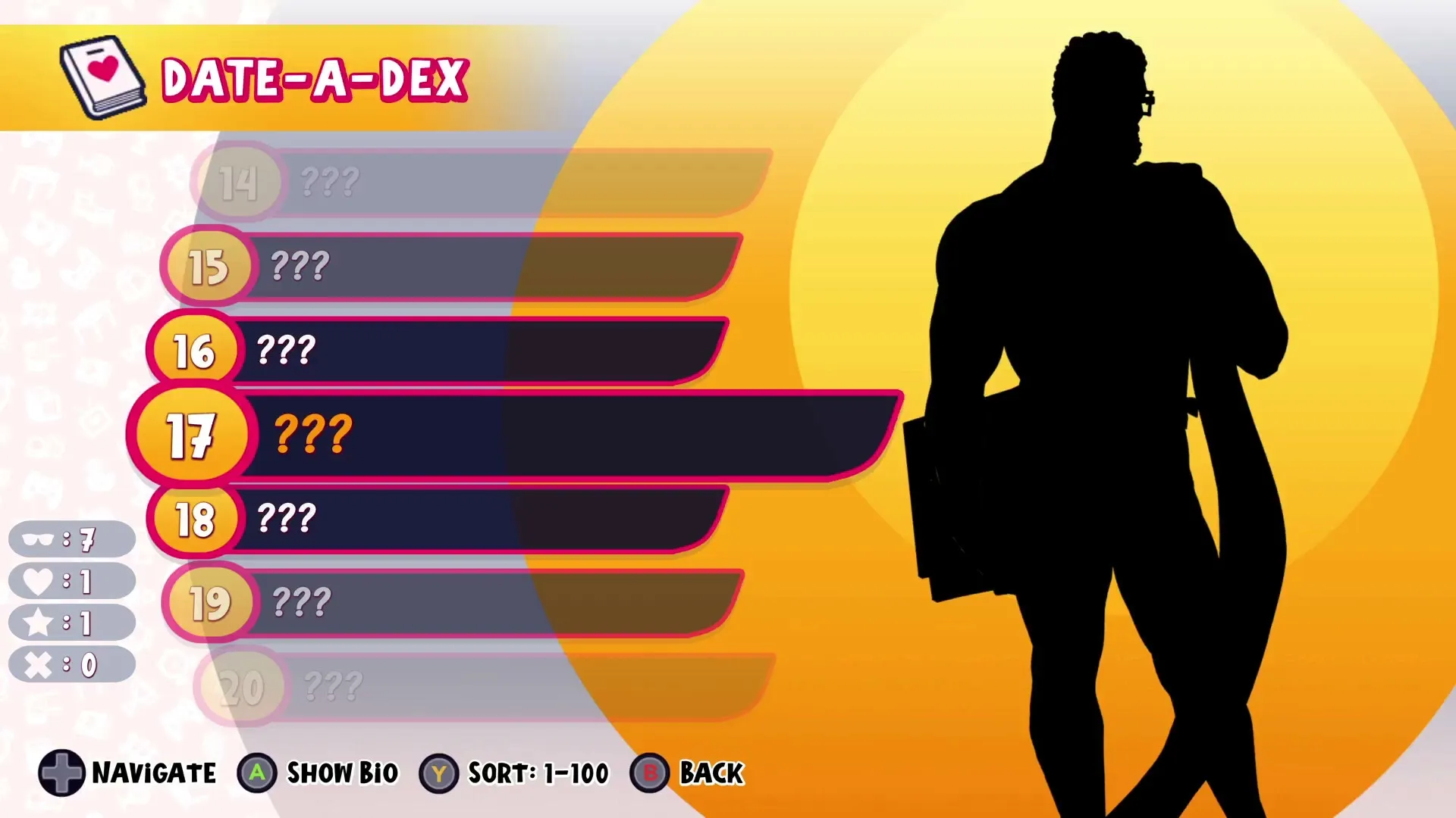 Date Everything!: Date-A-Dex screen with a silhouetted character and navigation options displayed