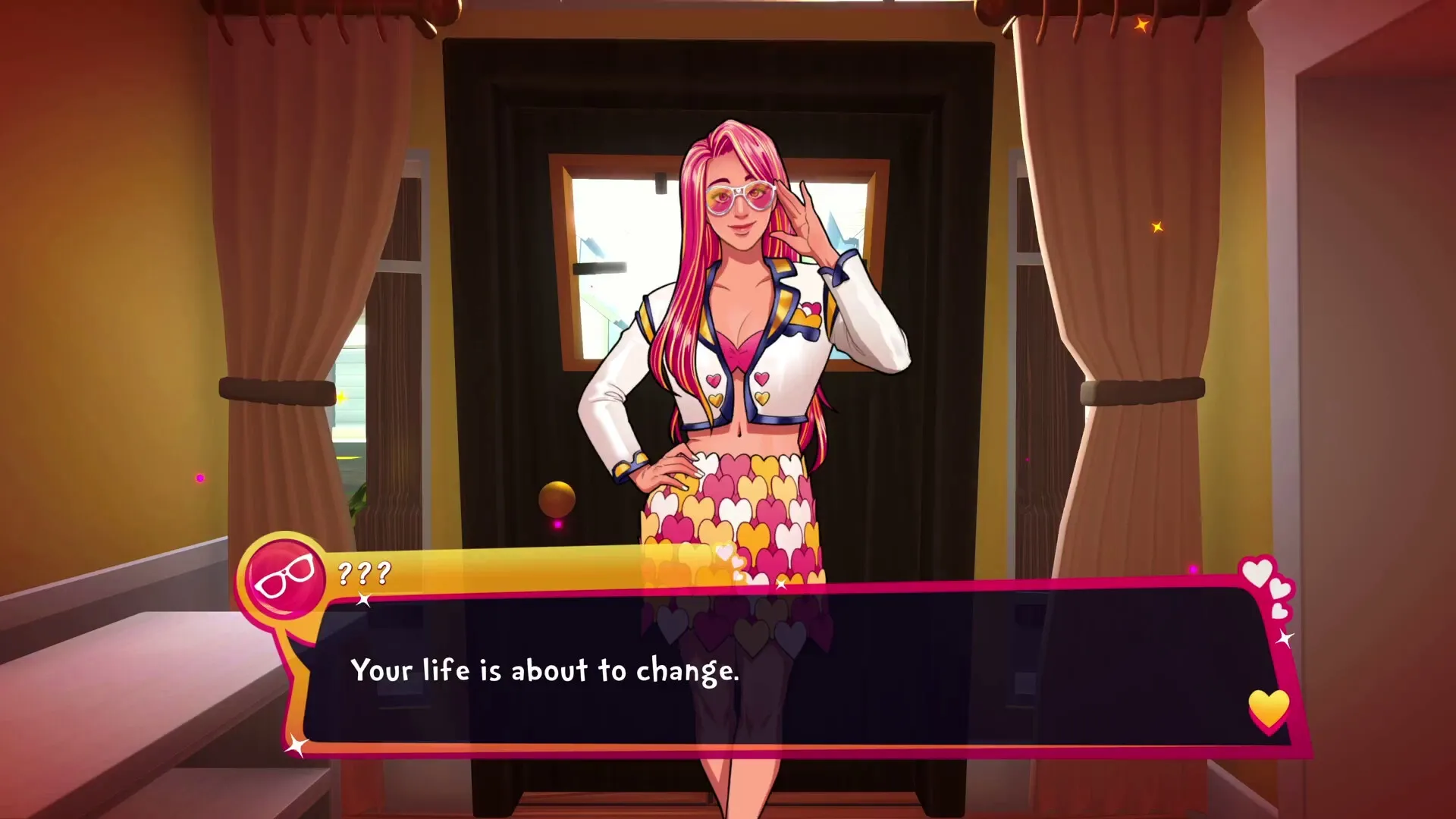 Date Everything!: Mysterious character with pink hair at the door, dialogue box says "Your life is about to change."