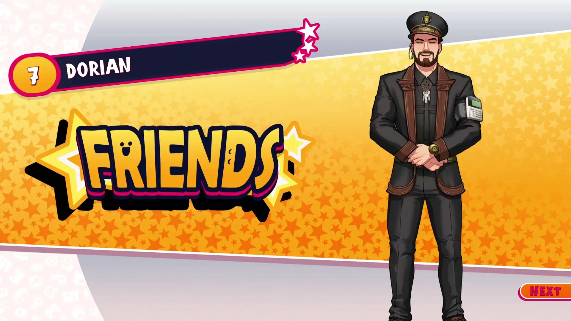 Date Everything!: Character Dorian in uniform with "Friends" status on yellow starry background