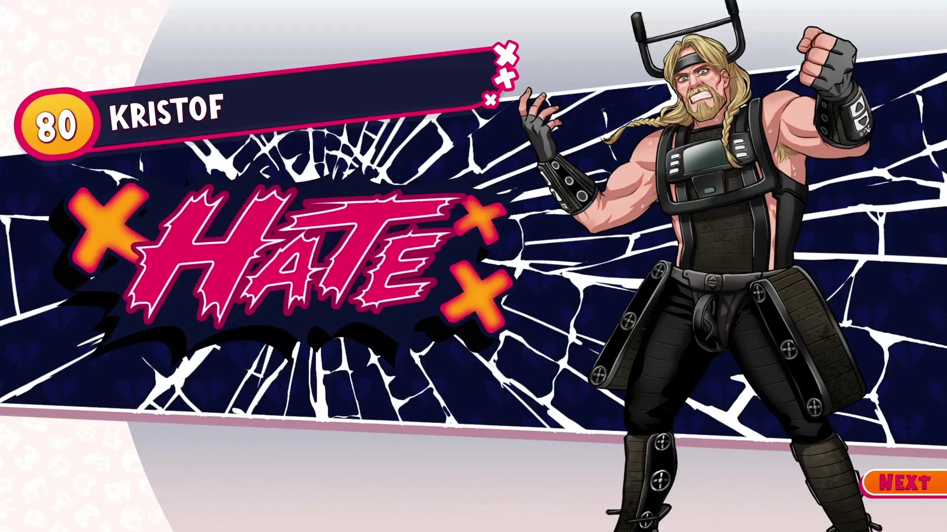 Date Everything!: Kristof character screen with "Hate" text and next button in comic-style interface.