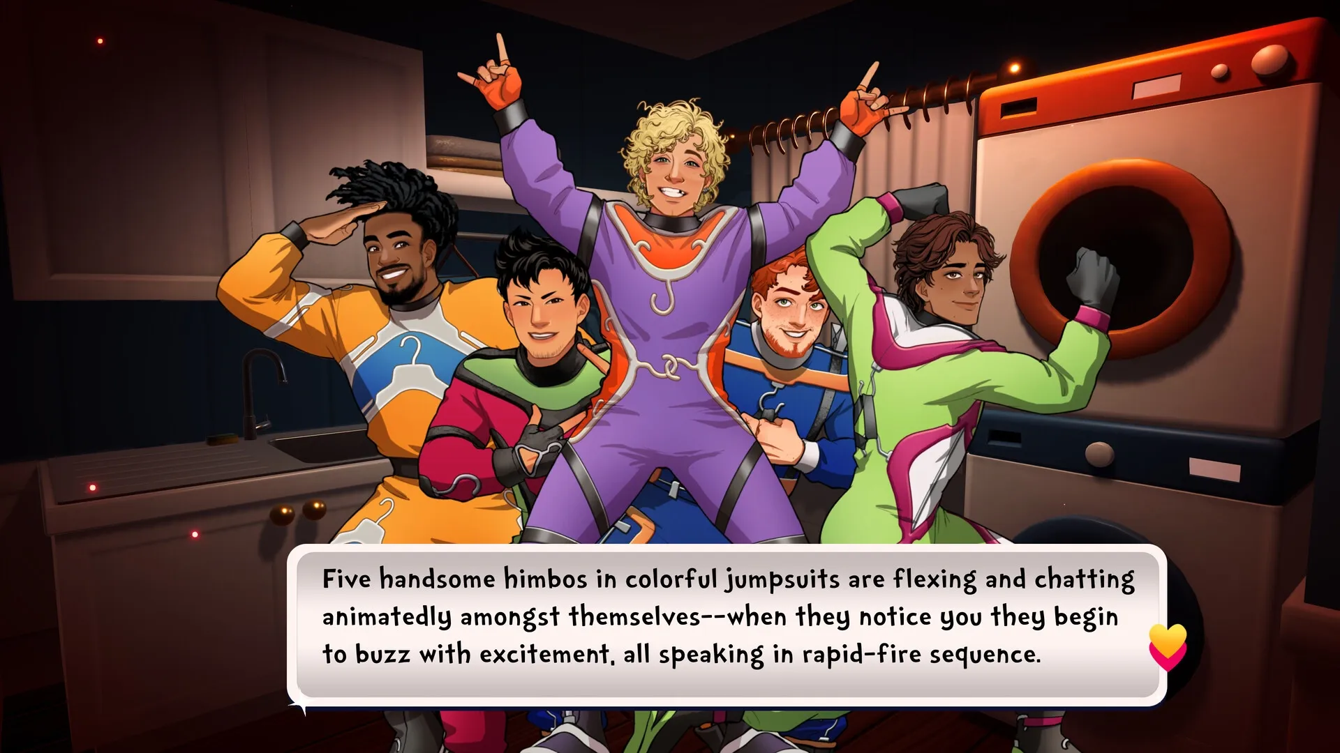 Date Everything!: Five men in colorful jumpsuits pose energetically in a kitchen with visible text dialogue.