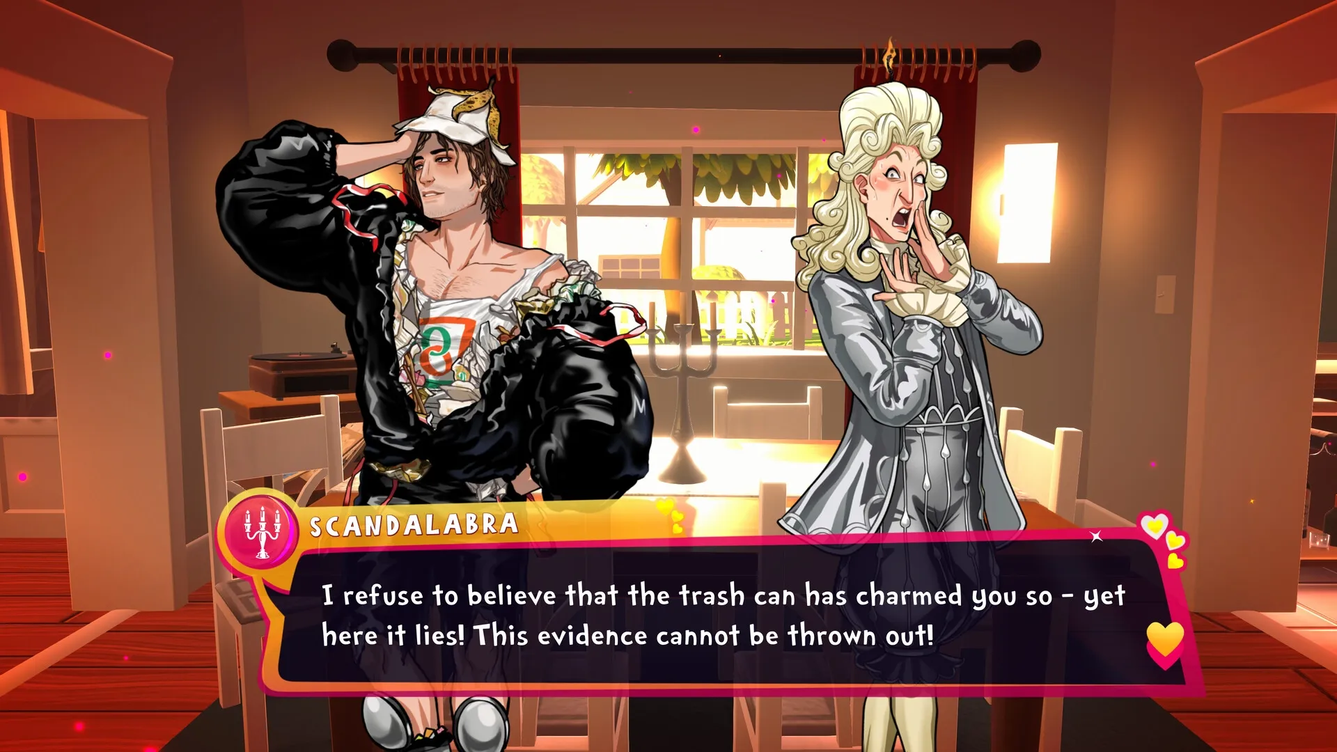 Date Everything!: Scandalabra debates with a character in a cozy, well-lit dining room environment.