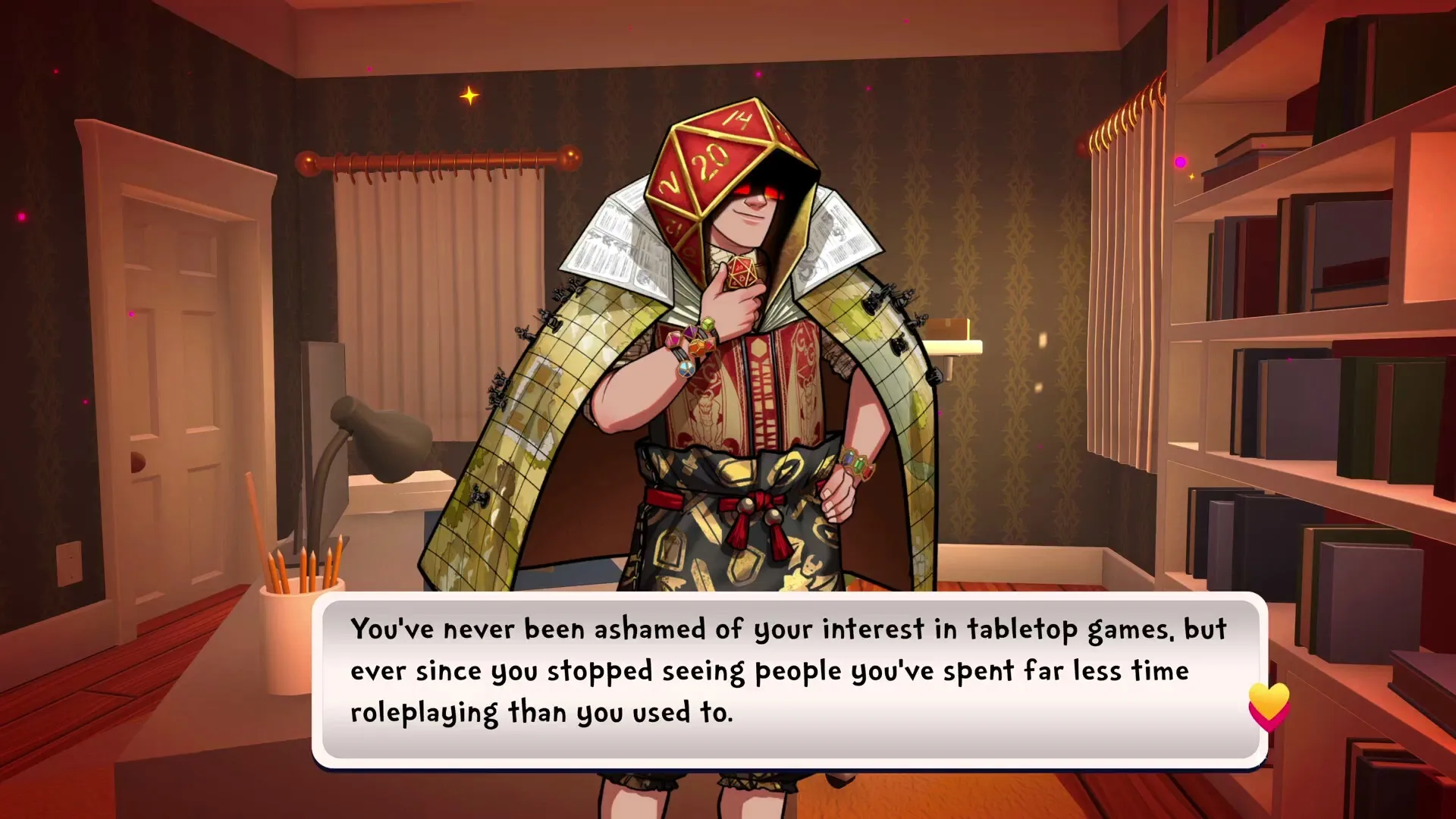 Date Everything!: Dice character stands in a cozy room with dialogue box, bookshelves, and desk lamp.