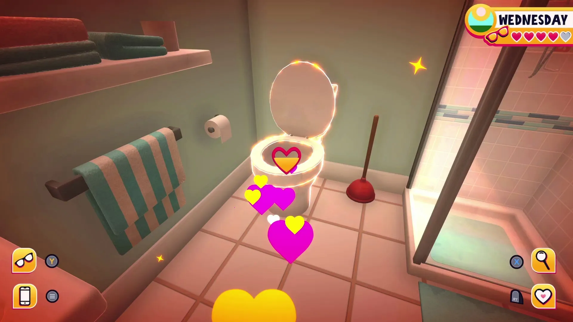 Date Everything!: Flirting with a glowing toilet in a bathroom with hearts and UI icons visible