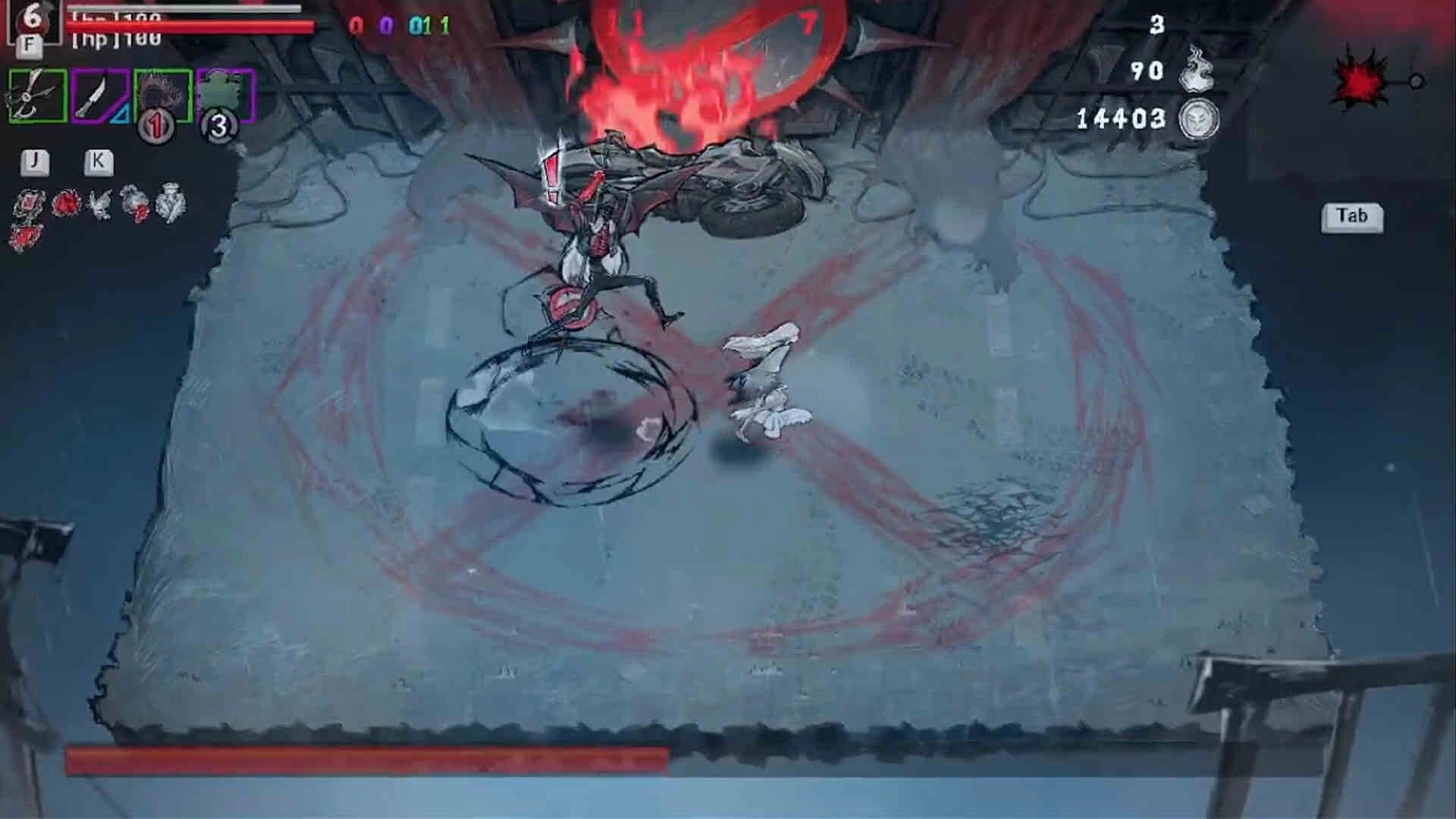 DAUGHTER OF PAIN: Boss fight with scythe-wielding heroine in a stone arena, health bar and skills HUD.