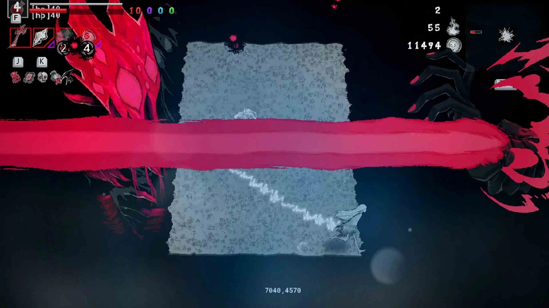 DAUGHTER OF PAIN: Boss unleashes huge red beam across arena, HUD shows hp 140 and item icons.