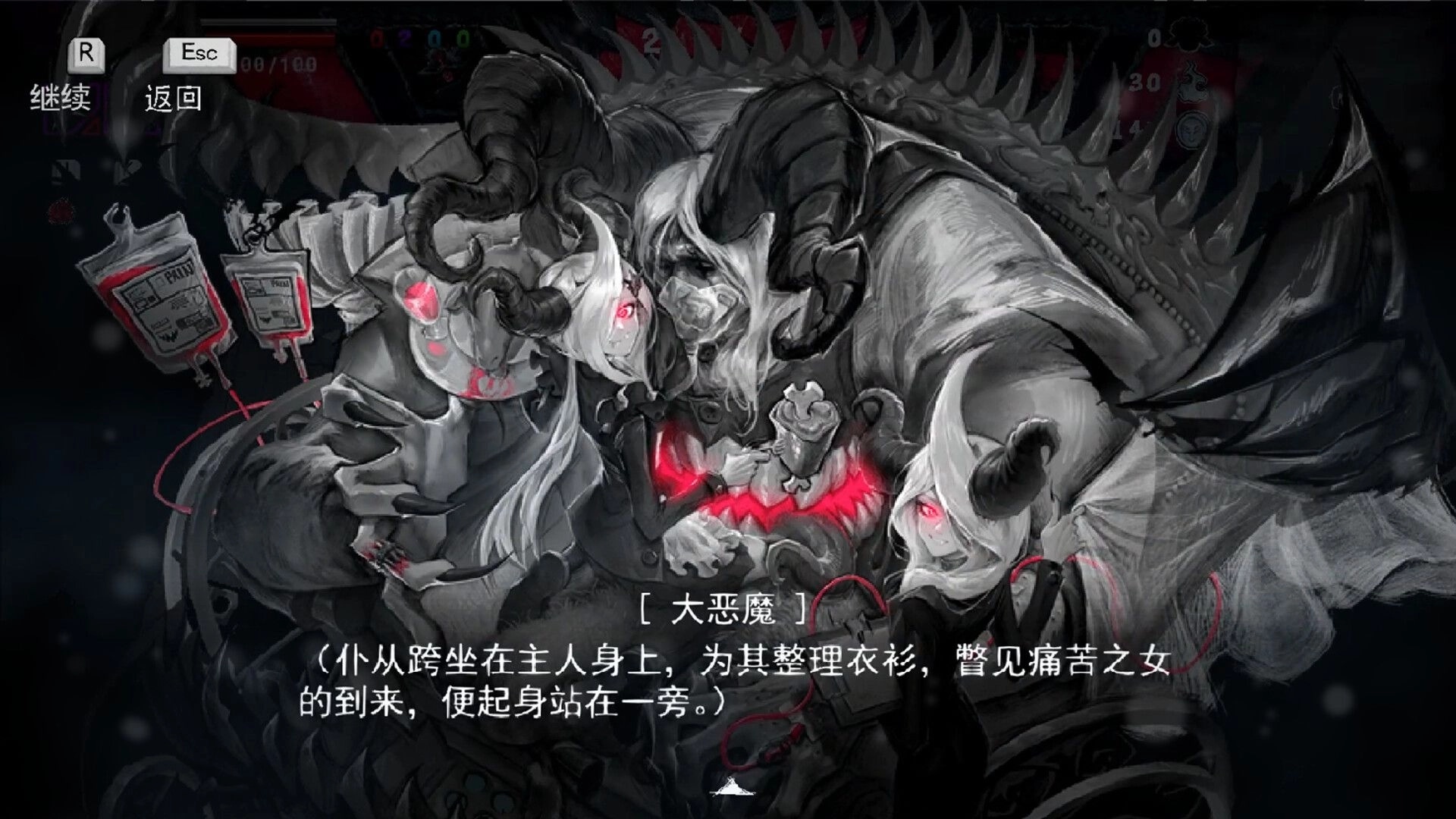 DAUGHTER OF PAIN: Dialogue cutscene with horned girls and a spined beast, Chinese text overlay UI.