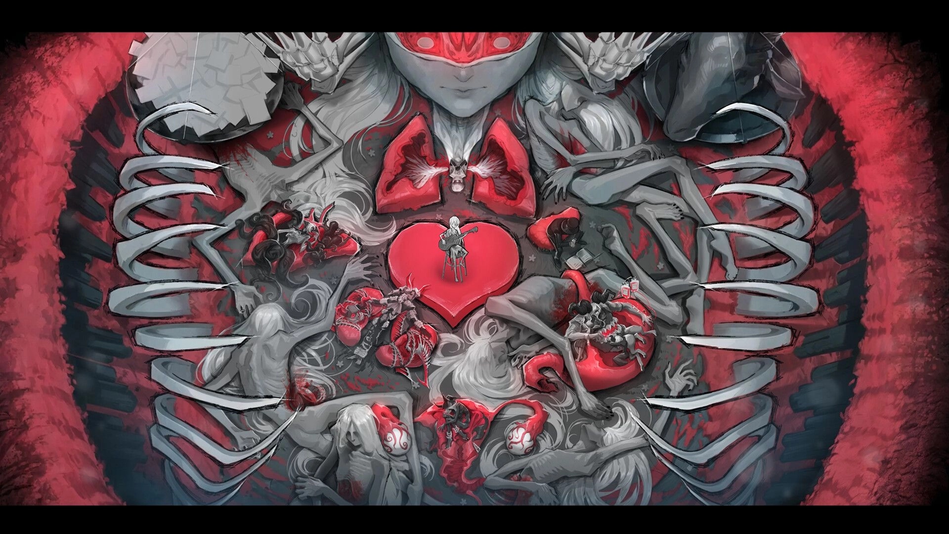 DAUGHTER OF PAIN: Stylized key art with masked girl above a heart amid ribs and twisted figures.