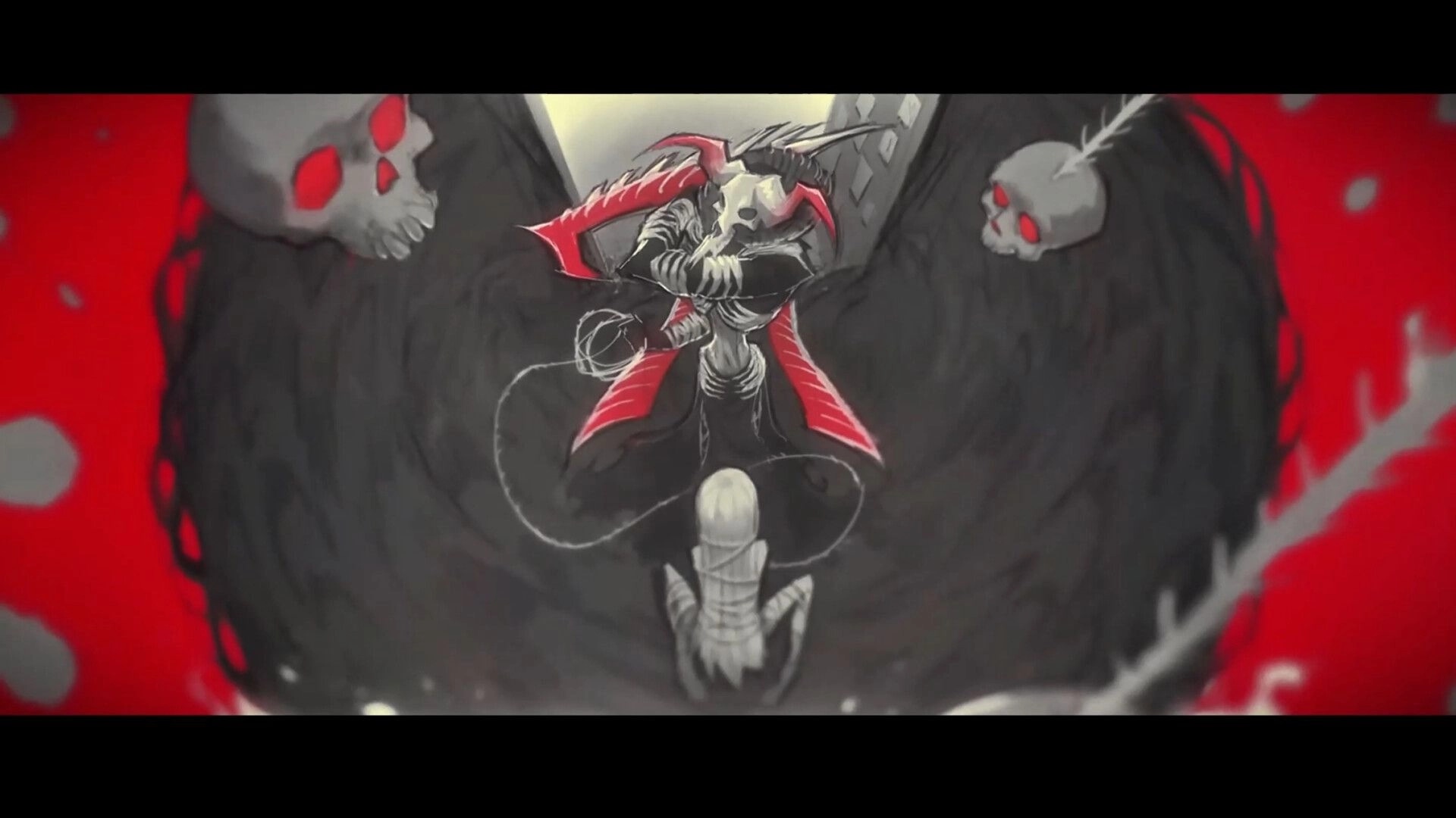 DAUGHTER OF PAIN: Hooded fighter with scythe and skull mask amid black wings and red mist backdrop.