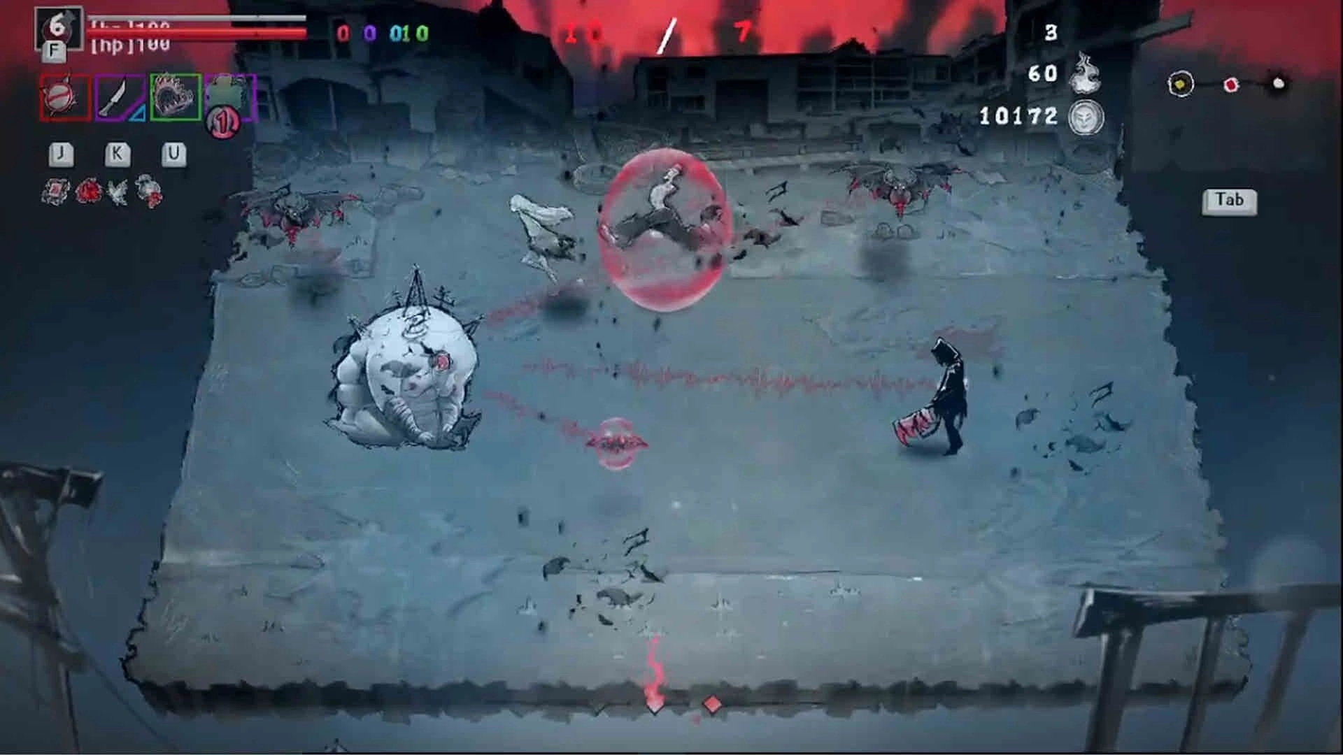 DAUGHTER OF PAIN: Player faces a bloated boss and flying foes in a ruined arena, HUD visible.