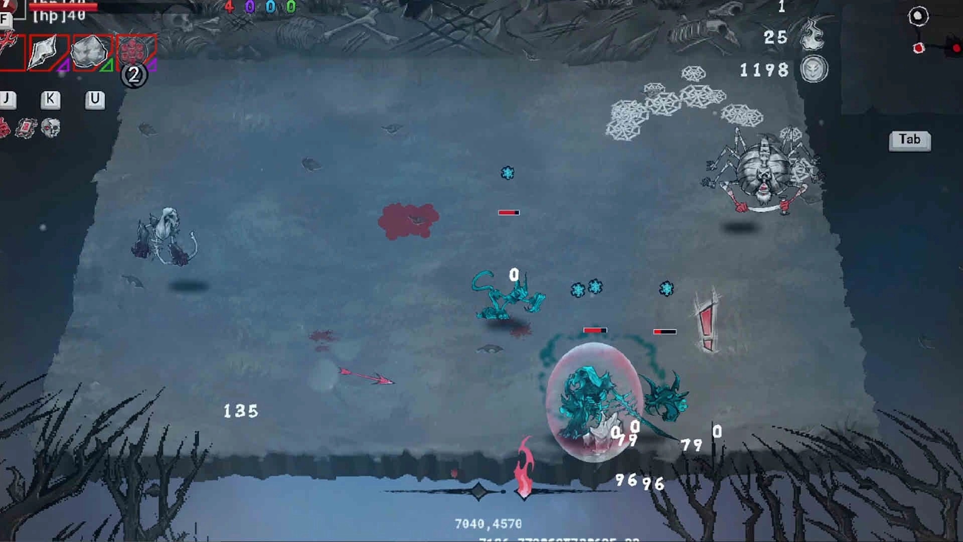 DAUGHTER OF PAIN: Top-down battle with monsters and damage numbers on a snowy arena with HUD icons.