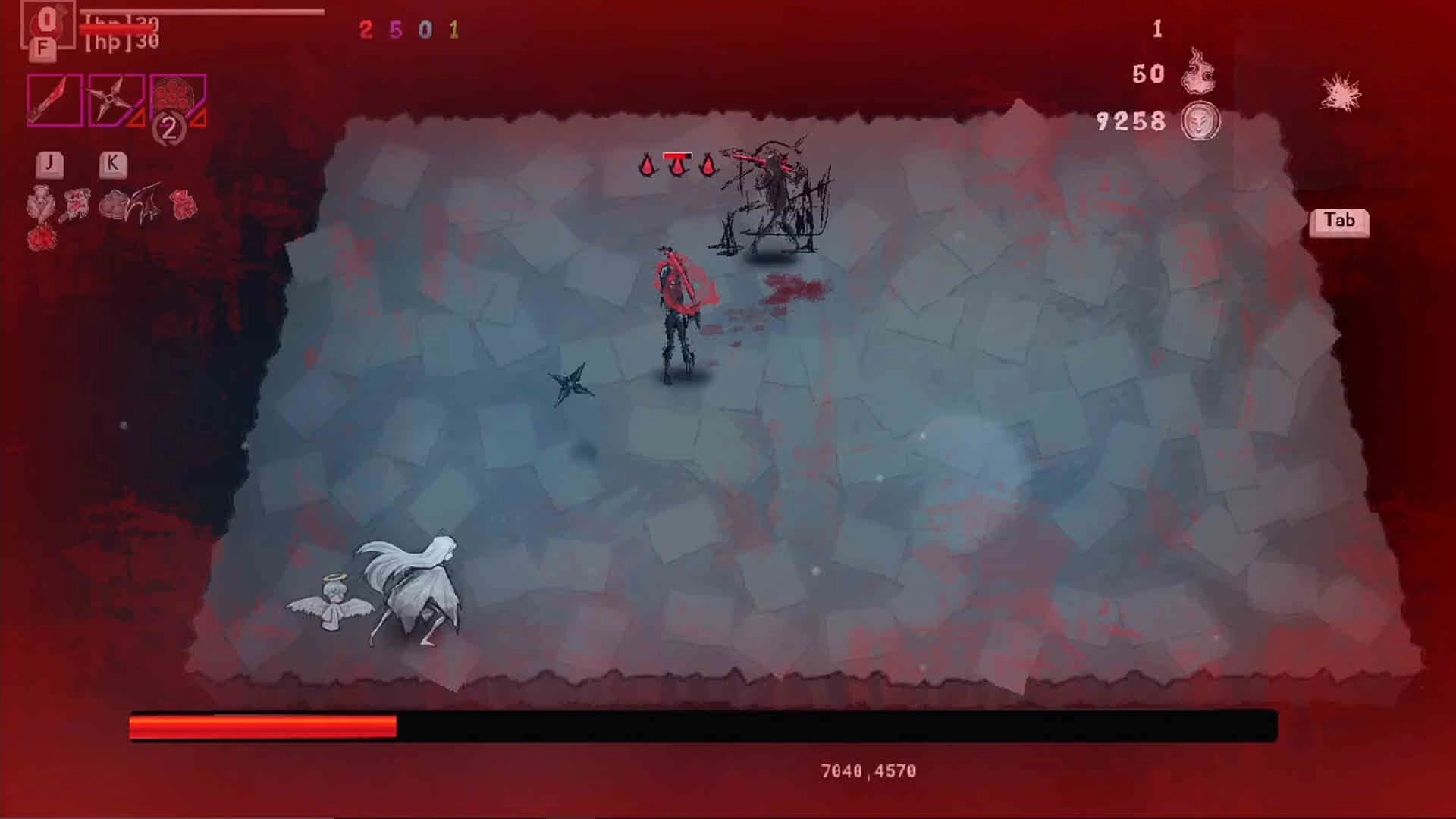 DAUGHTER OF PAIN: Player character faces a spiky boss on stone arena with red vignette HUD.
