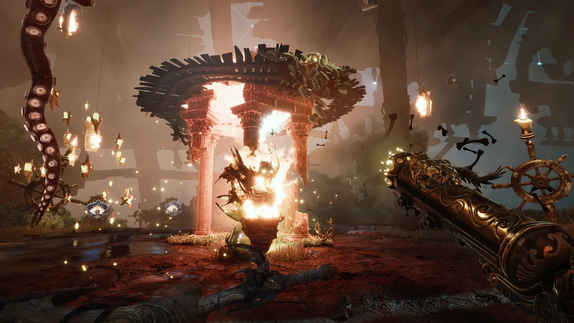 DAVY x JONES: Davy Jones battles fiery creature amidst ancient ruins with ornate cannon in pirate underworld.