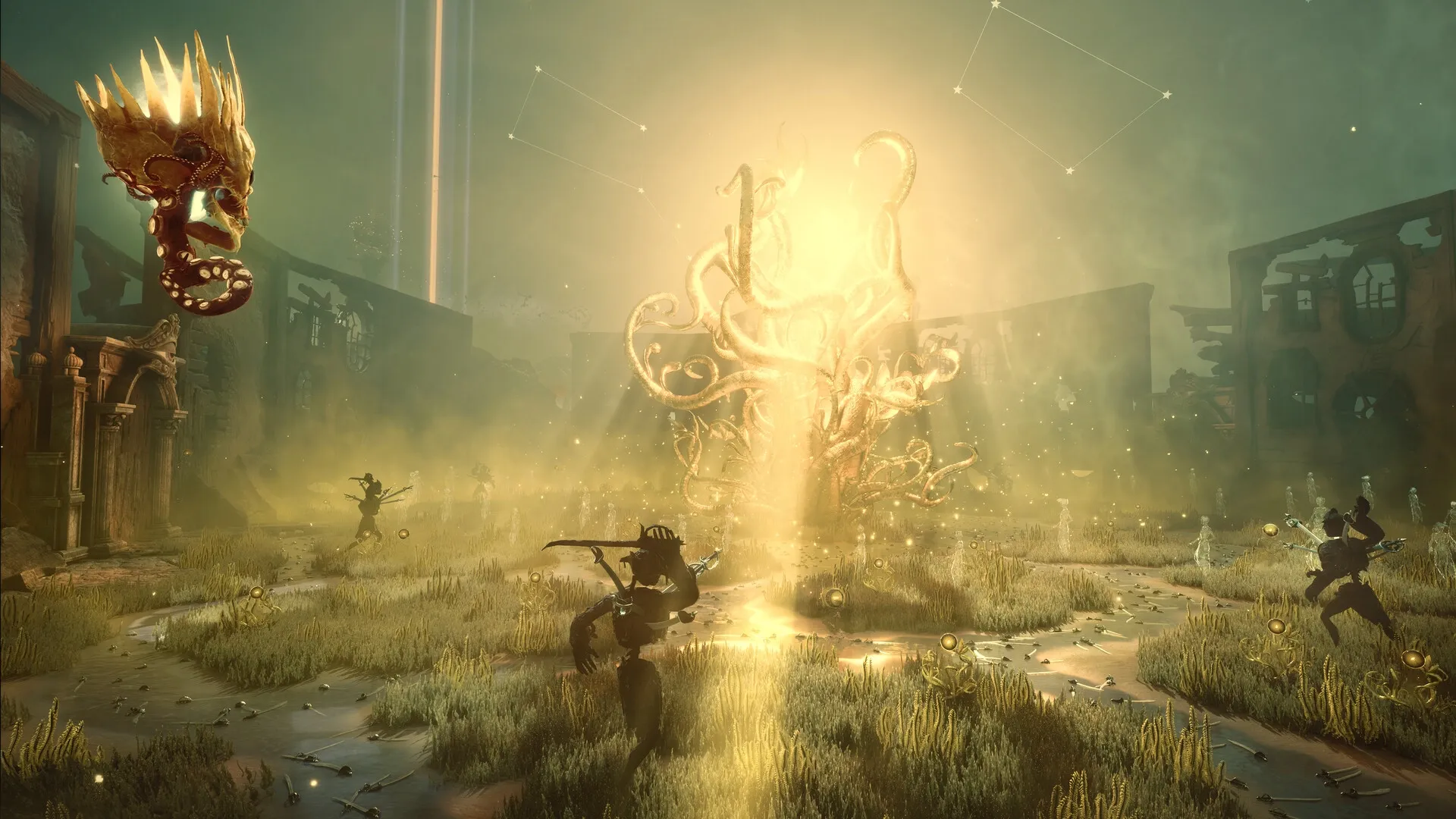 DAVY x JONES: Headless body battling near golden tentacles in a mystical, overgrown ruin environment