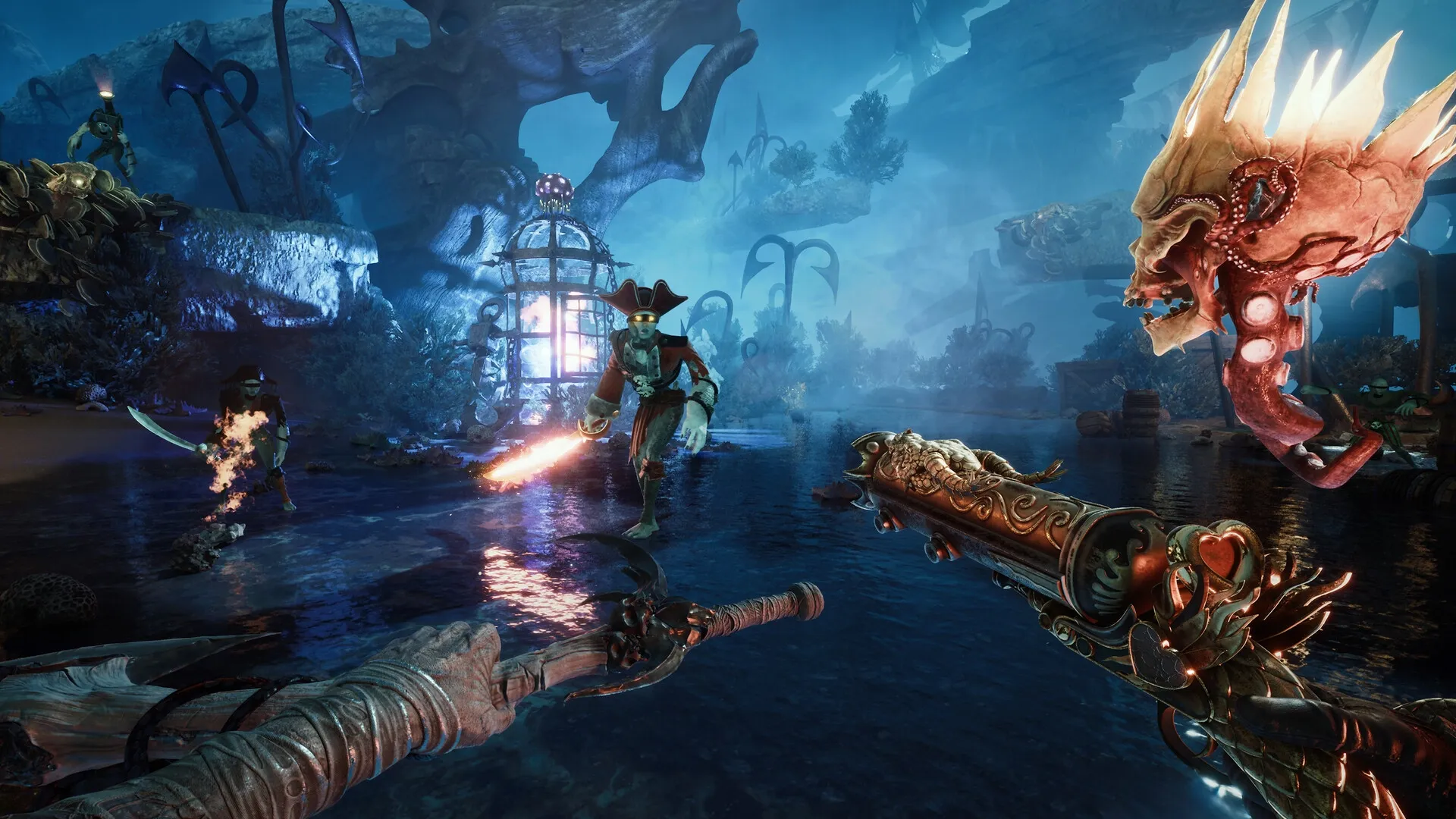 DAVY x JONES: Headless pirate engaging enemies in eerie underwater cavern with glowing skull nearby