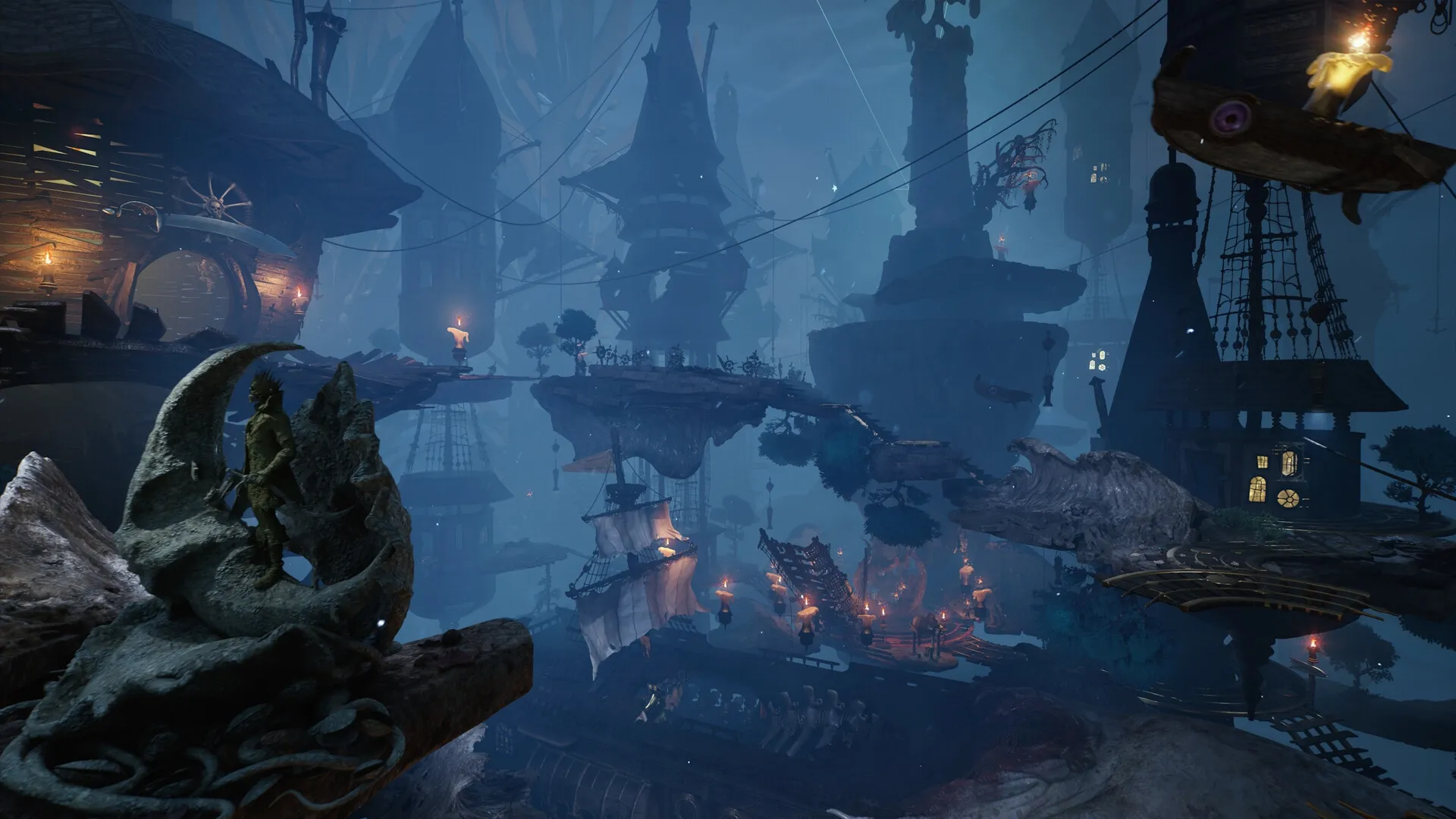 DAVY x JONES: Davy's headless body overlooking floating pirate village amidst eerie blue mist