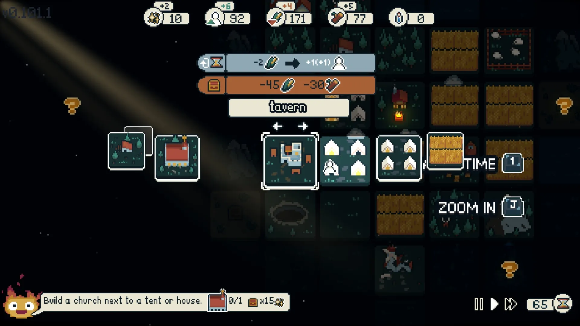 Dawnfolk: Building menu with tavern highlighted, surrounded by grid tiles and resource indicators